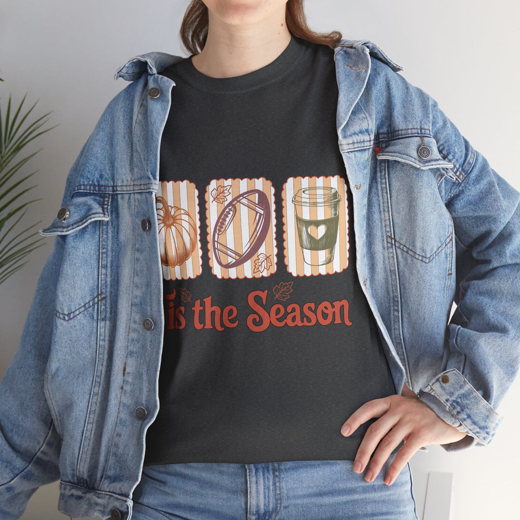 Tis the Season Pumpkin, Football & Coffee Fall Unisex Cotton T-Shirt