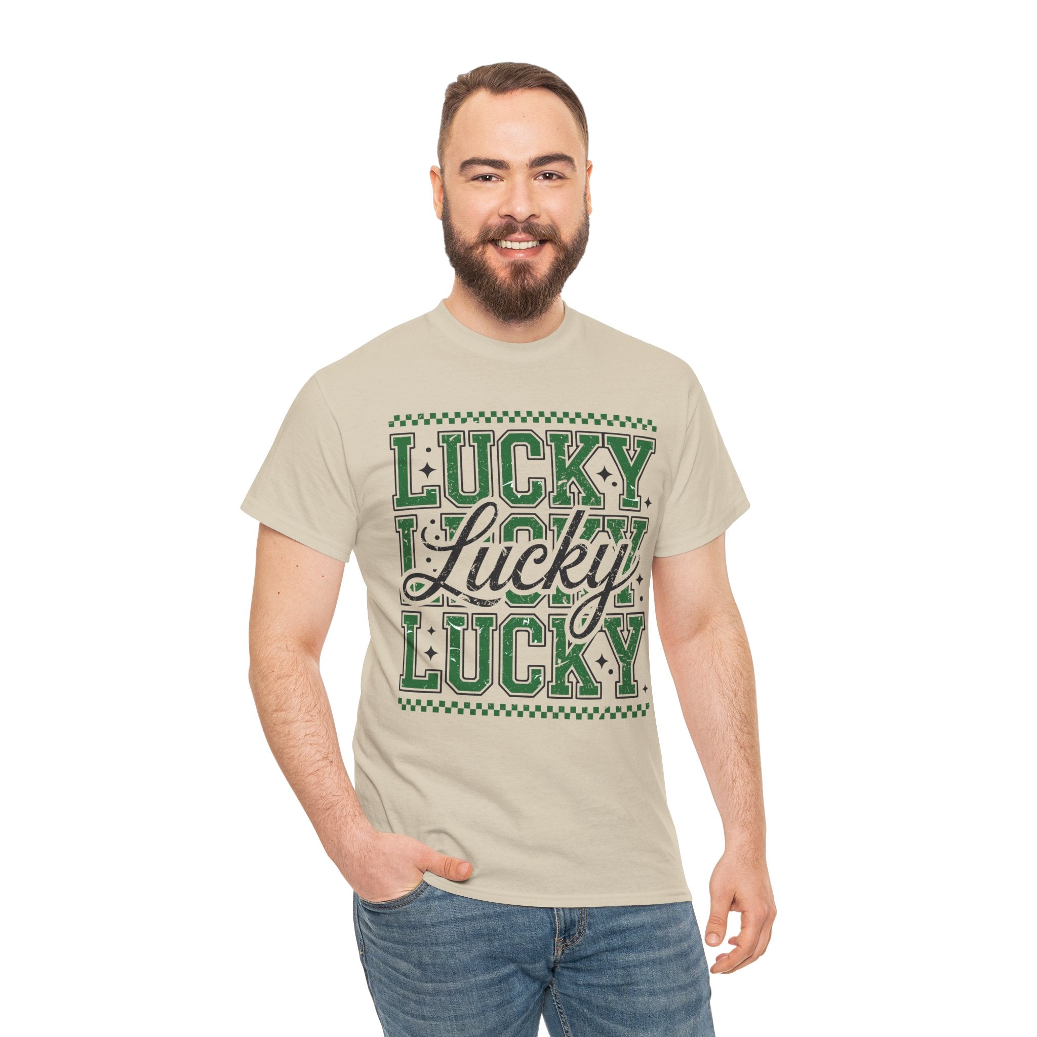 Lucky Varsity Tee — Layered Green ‘Lucky’ Graphic Unisex Cotton Tee