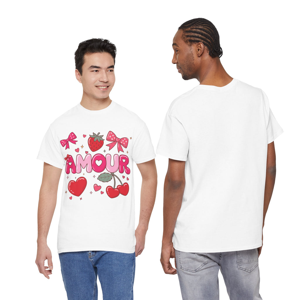 Amour Pink Hearts Tee — Shiny Lettering with Bows, Cherries & Strawberry Accent...Unisex Cotton Tee