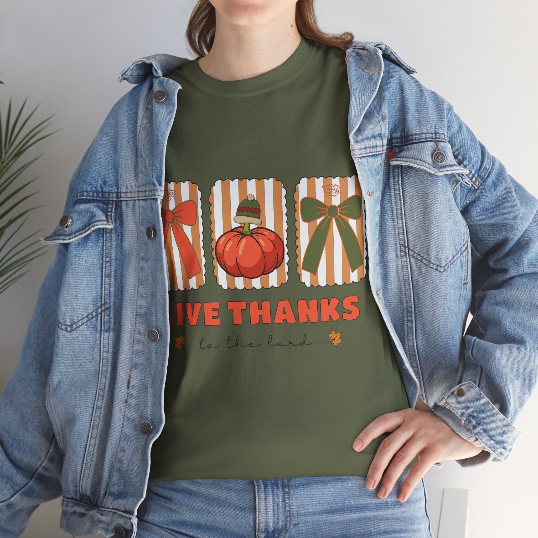 Give Thanks Thanksgiving T-Shirt — Pumpkin with Hat & Bows Unisex Cotton Tee