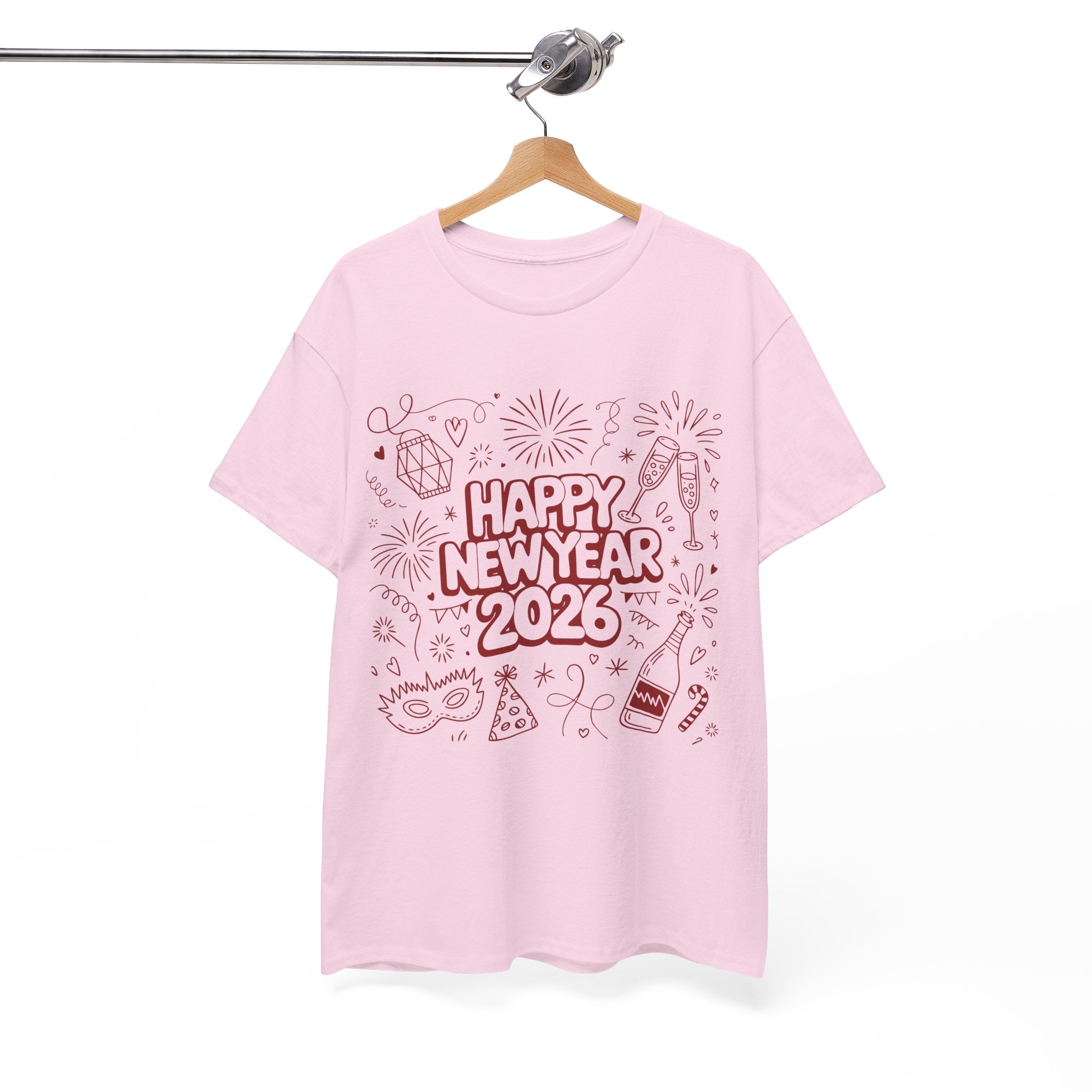 Happy New Year 2026 Doodle T-Shirt — Pink Party Icons & Champagne Unisex Cotton Tee