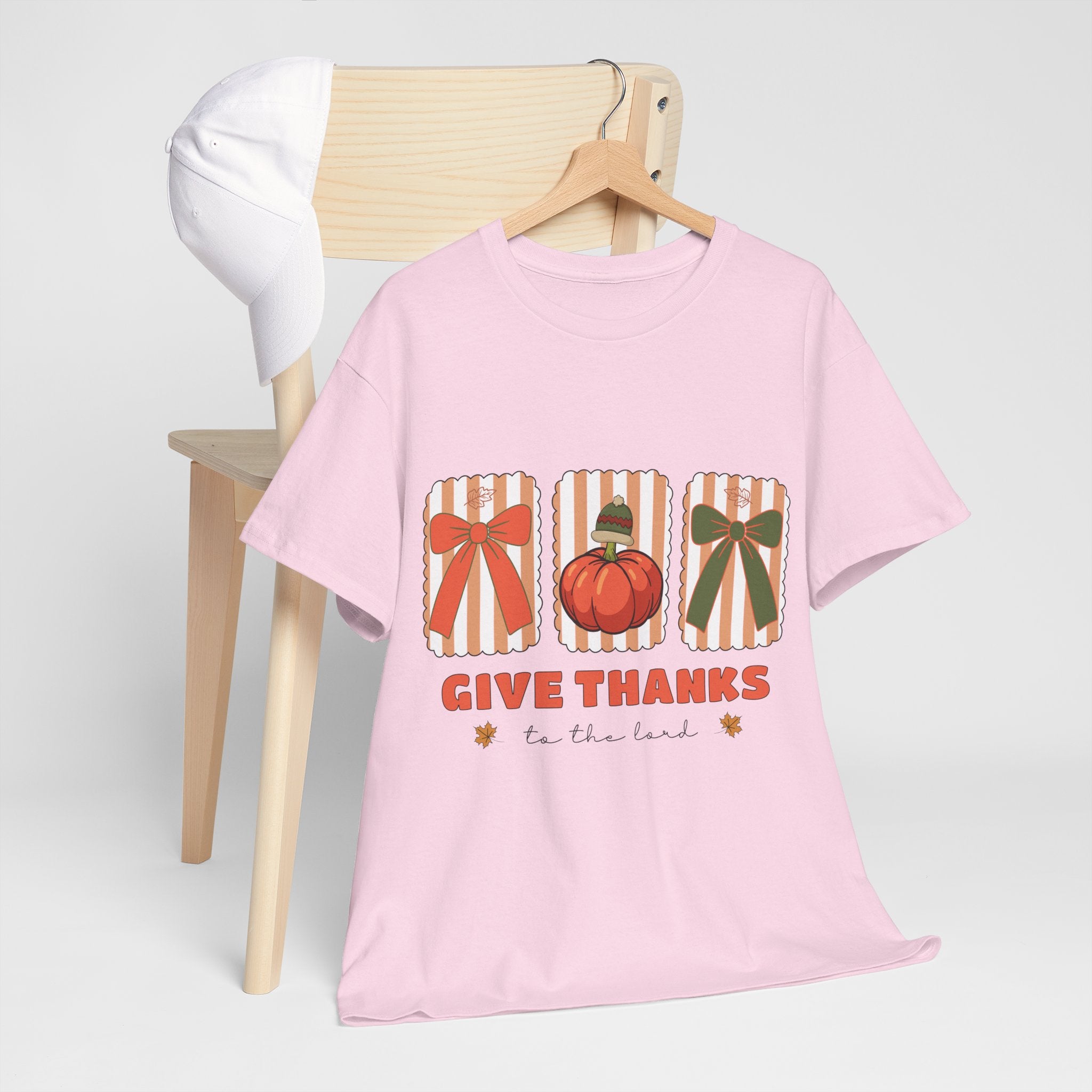 Give Thanks Thanksgiving T-Shirt — Pumpkin with Hat & Bows Unisex Cotton Tee