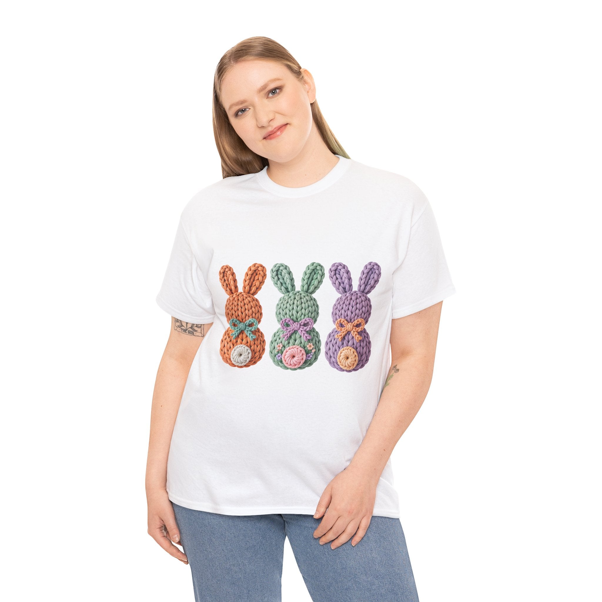 Pastel Crochet Bunny Tee — Trio of Faux Knit Bunnies with Bows & Flowers Unisex Cotton Tee