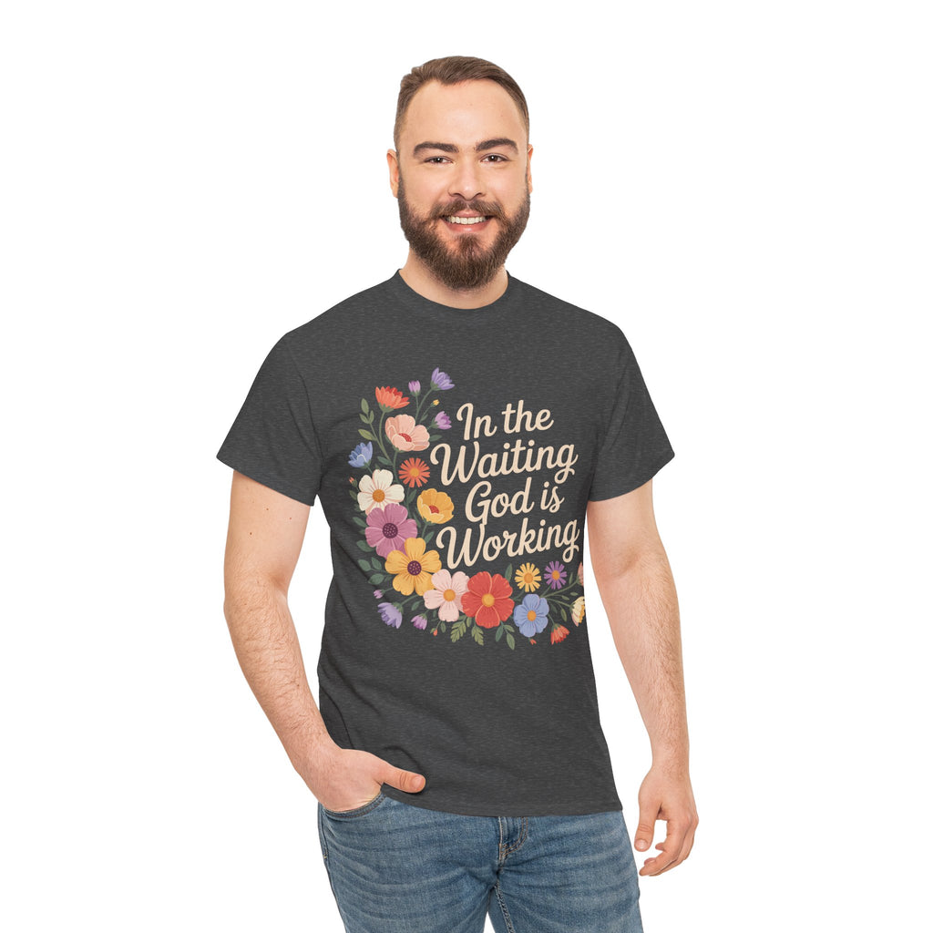 Pastel Floral “In the Waiting God Is Working” Unisex Cotton T-Shirt