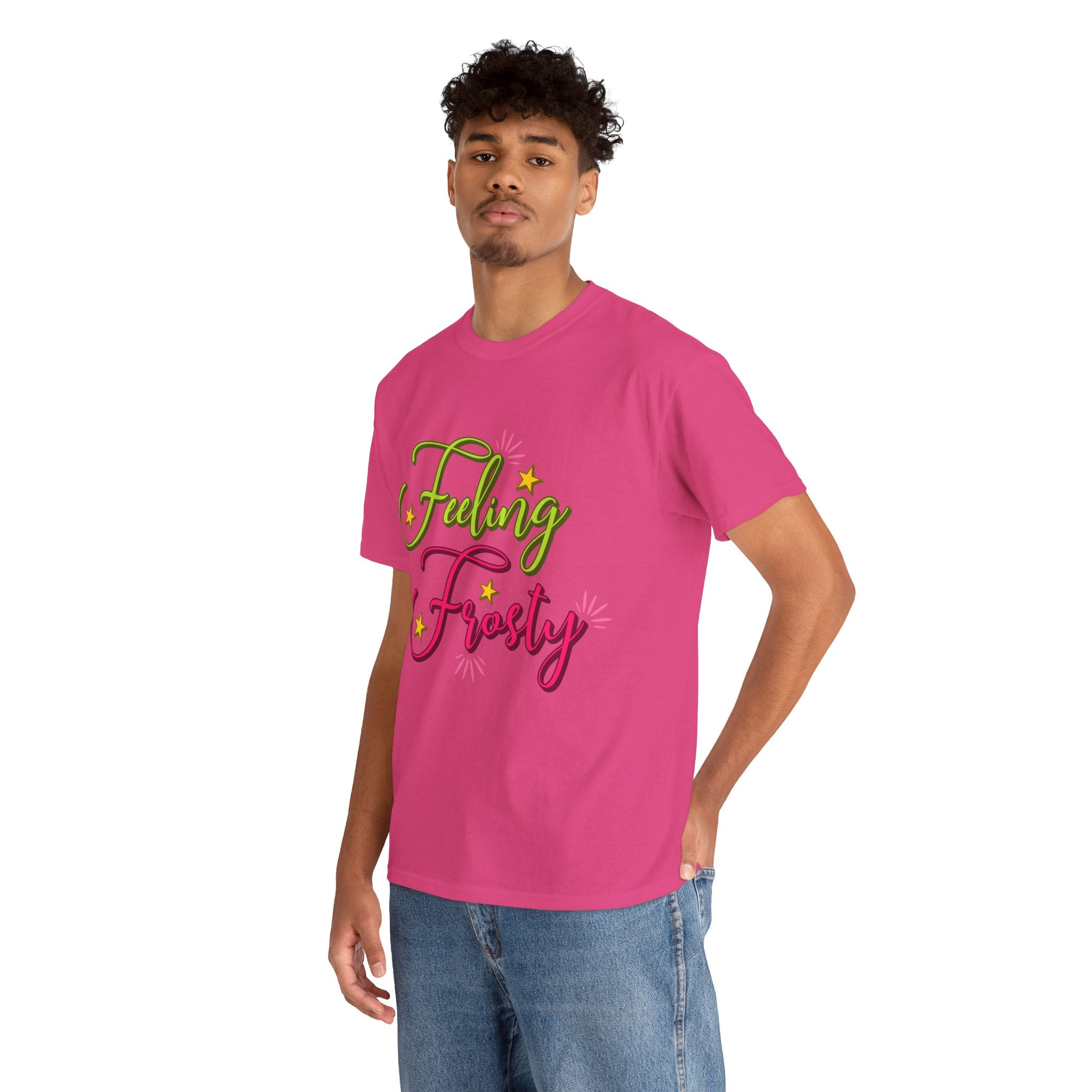 Feeling Frosty Holiday T-Shirt — Green & Pink Script Stars.Unisex Cotton Tee