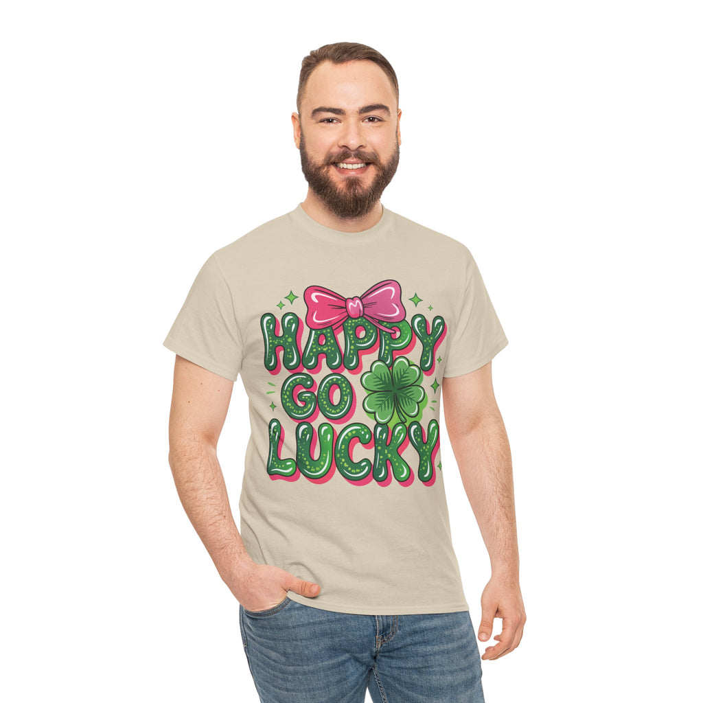 Happy Go Lucky Four-Leaf Clover Tee — Glossy Green Letters & Pink Bow Unisex Cotton Tee