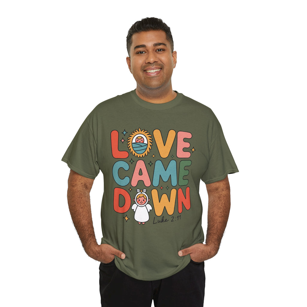 Love Came Down Christmas Tee — Baby Jesus Manger Angel (Luke 2:11)..Unisex Cotton Tee