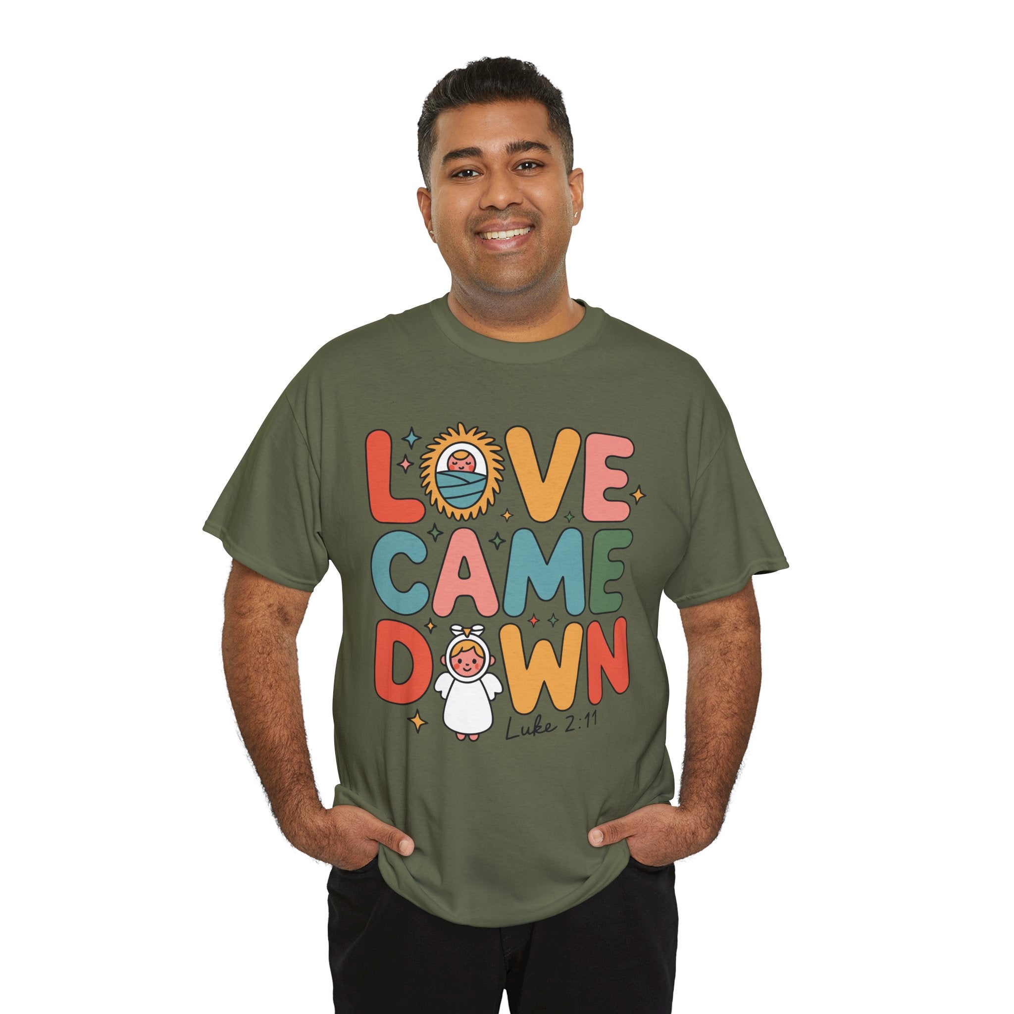 Love Came Down Christmas Tee — Baby Jesus Manger Angel (Luke 2:11)..Unisex Cotton Tee