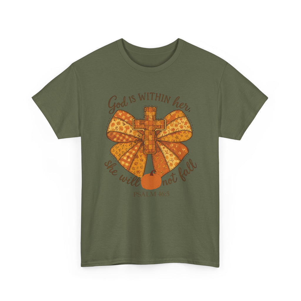 Psalm 46:5 Cross Patchwork Tee — Fall Bow Christian Unisex Cotton T-Shirt
