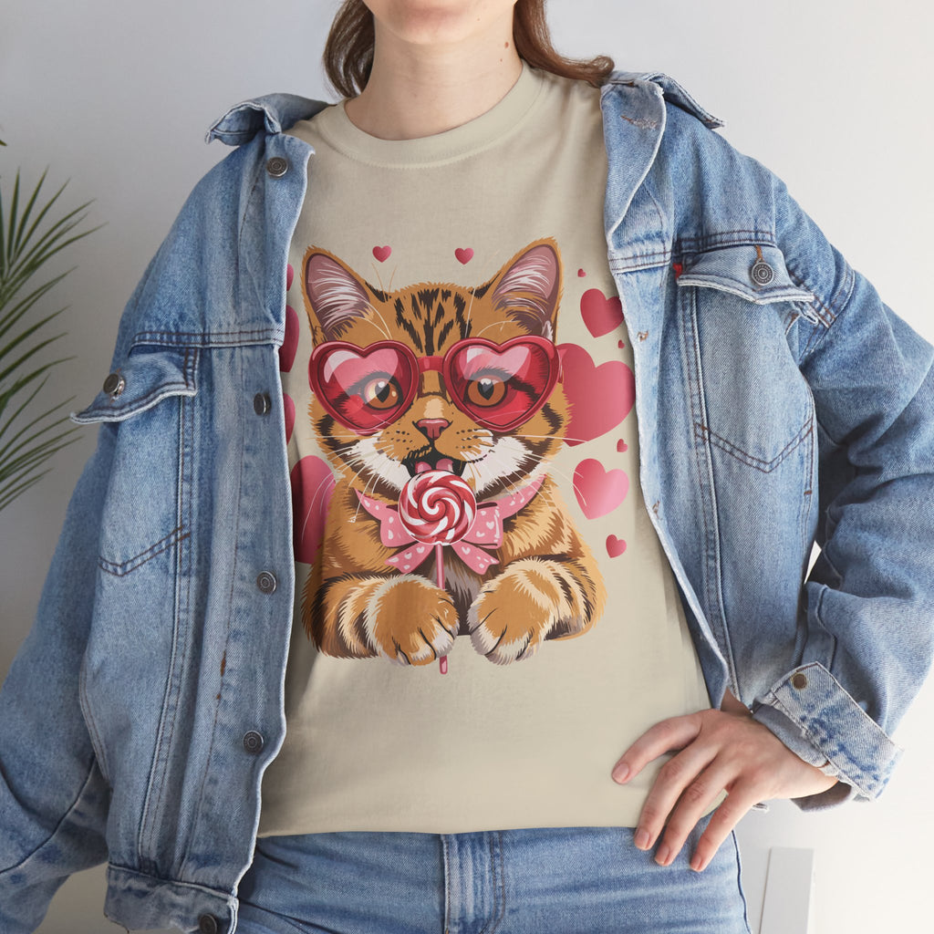 Valentine Cat Tee — Heart Glasses, Lollipop Bow Unisex Cotton Tee