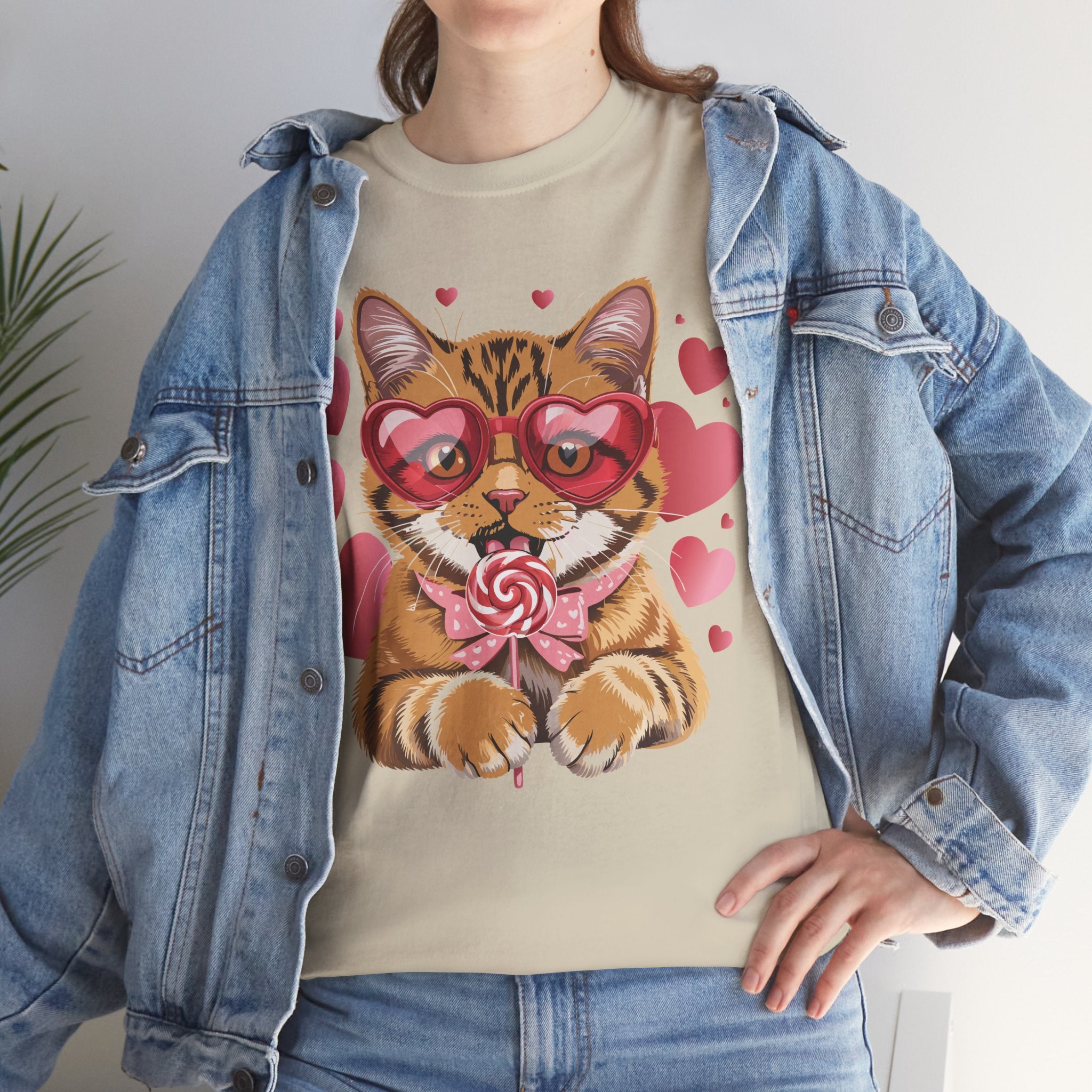 Valentine Cat Tee — Heart Glasses, Lollipop Bow Unisex Cotton Tee