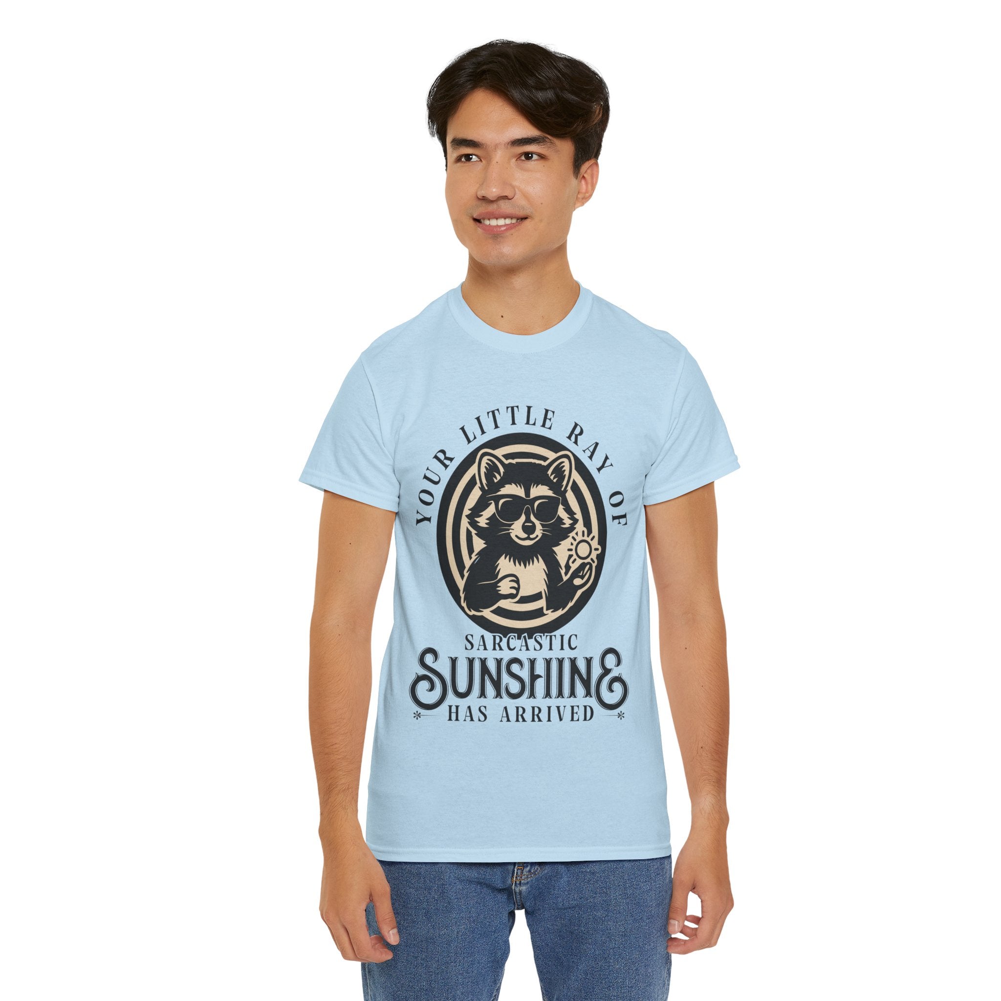 Cool Raccoon Sunglasses T-Shirt — Raccoon Holding Sun Graphic Unisex Cotton Tee