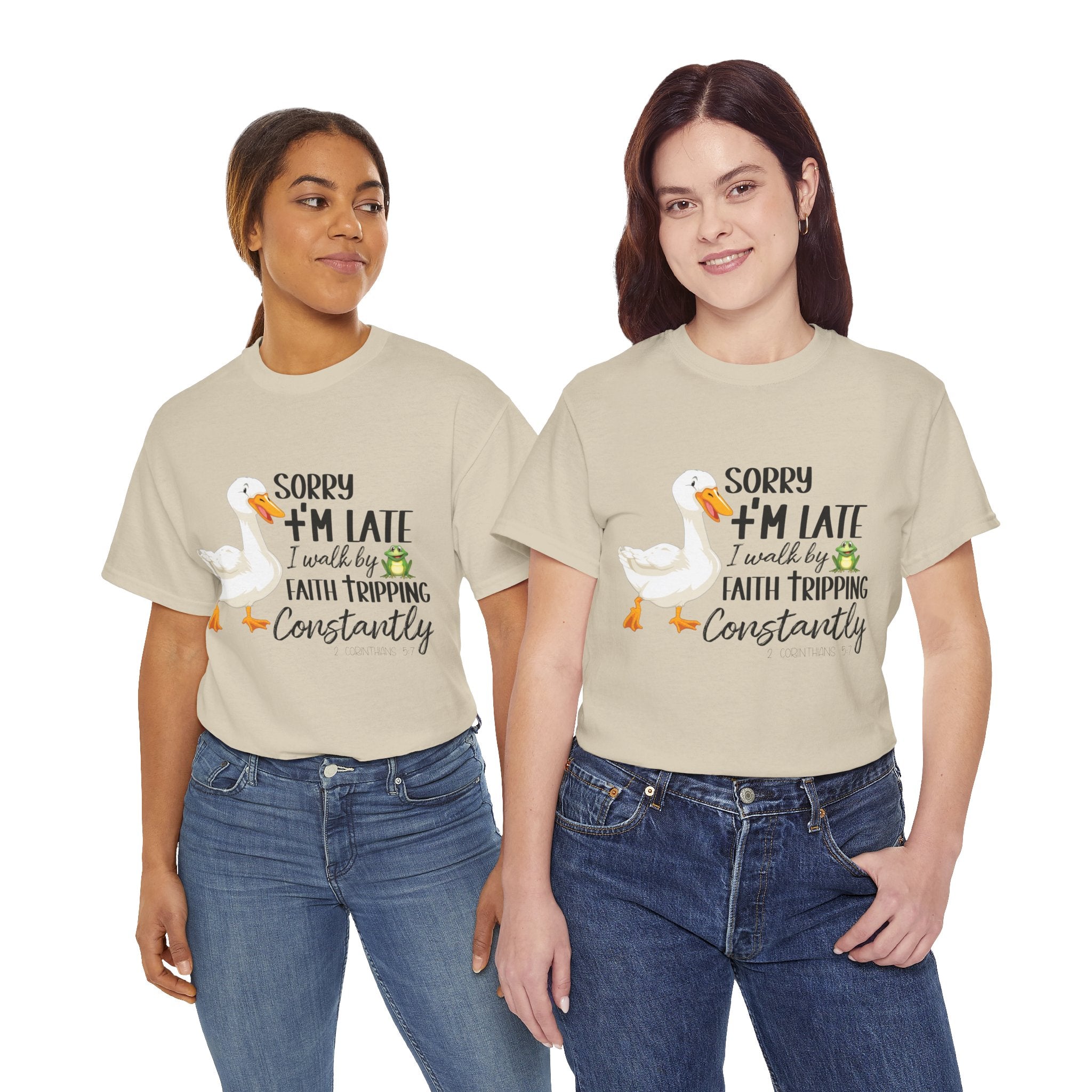 Christian Humor T-Shirt — “Sorry I’m Late, I Walk by Faith Tripping Constantly” (Duck & Frog). Unisex Cotton Tee