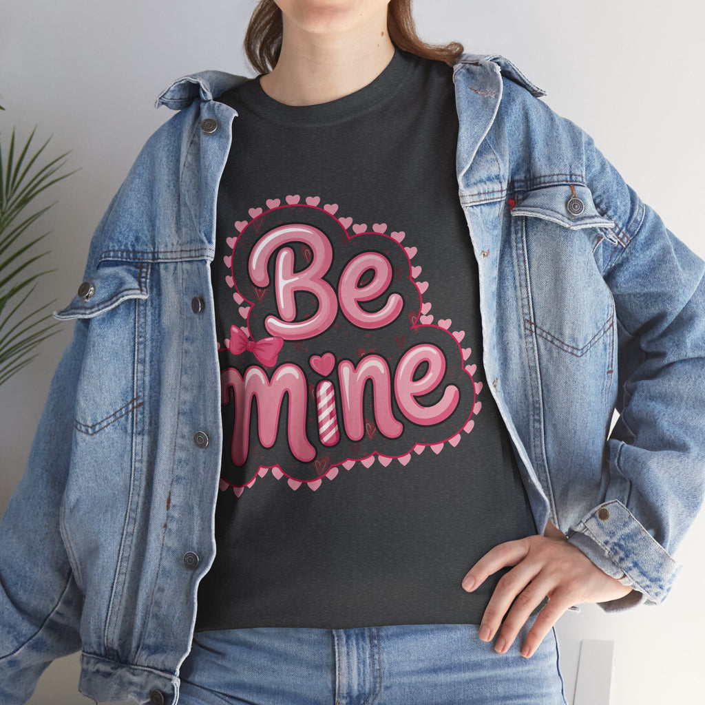 Be Mine Valentine T-Shirt — Pink Bubble Letters with Hearts & Bow..Unisex Cotton Tee