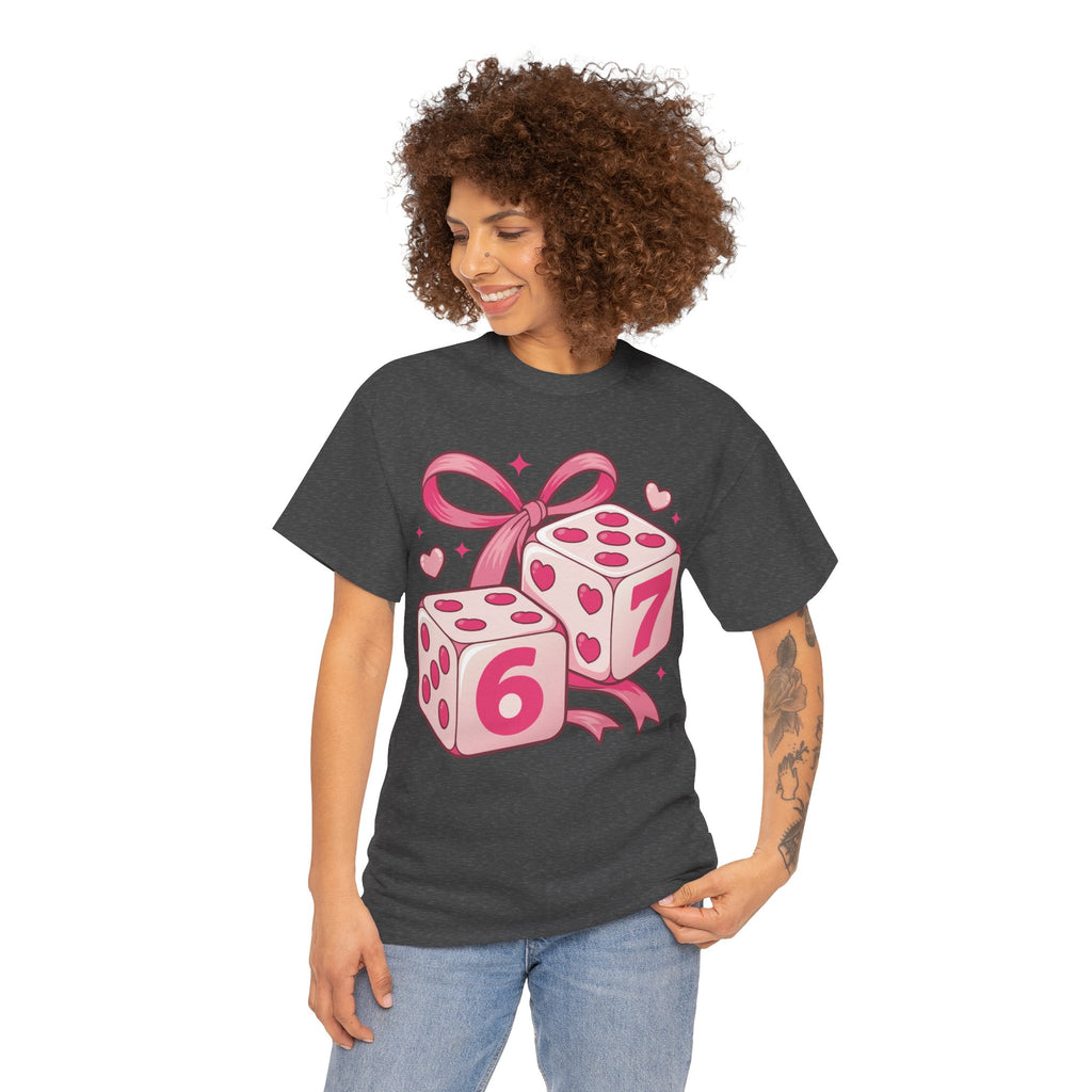 Lucky Love Dice T-Shirt — Pink Heart Dice with Bow..Unisex Cotton Tee