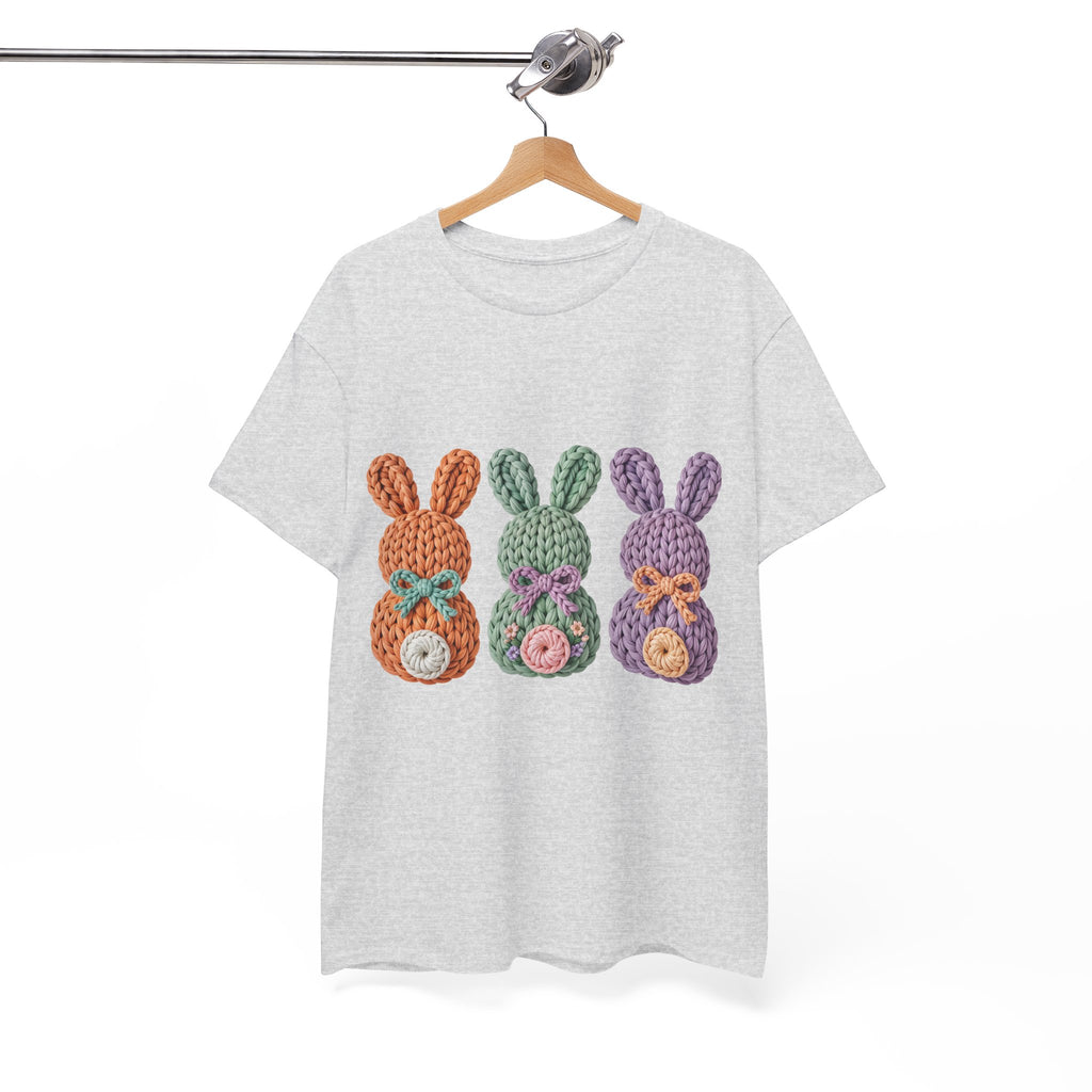 Pastel Crochet Bunny Tee — Trio of Faux Knit Bunnies with Bows & Flowers Unisex Cotton Tee
