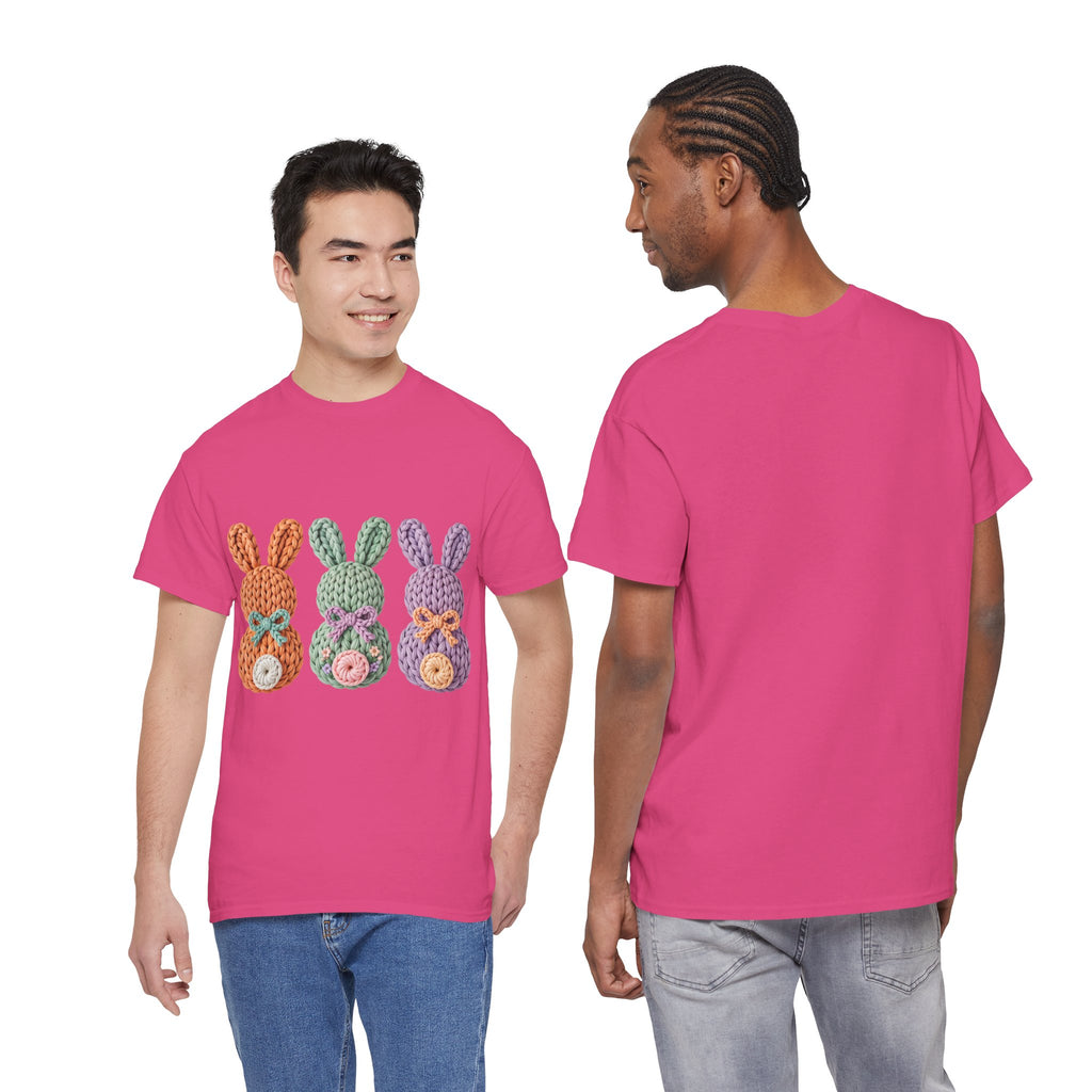 Pastel Crochet Bunny Tee — Trio of Faux Knit Bunnies with Bows & Flowers Unisex Cotton Tee