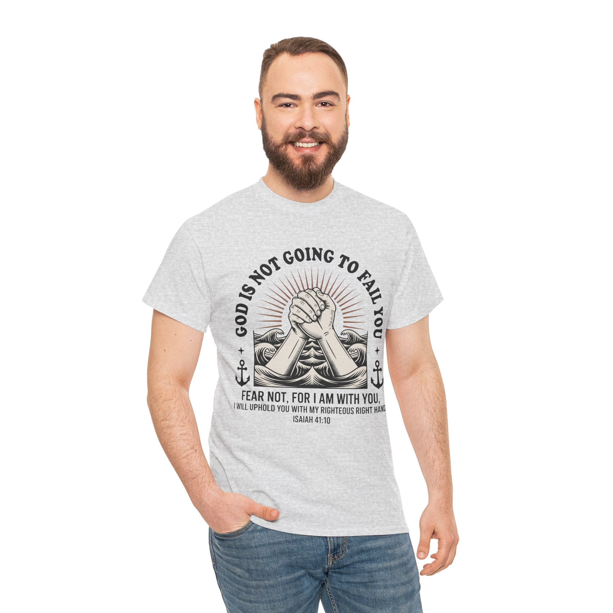 Isaiah 41:10 "Fear Not, For I Am With You" T-Shirt — Clasped Hands Rising from Waves Christian Unisex Cotton Tee