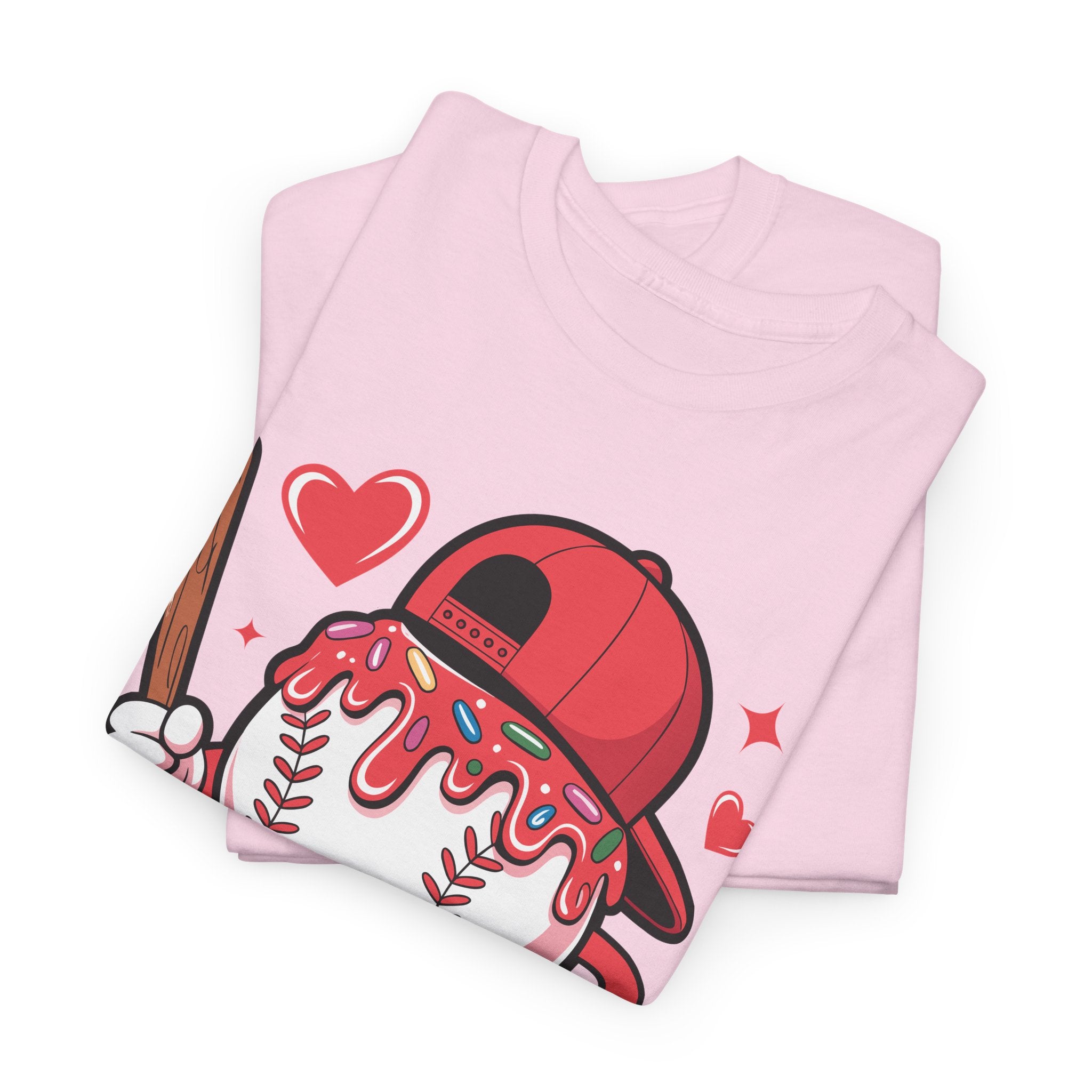 Cute Baseball Character T-Shirt — Red Cap & Icing Top Graphic with Hearts Unisex Cotton Tee
