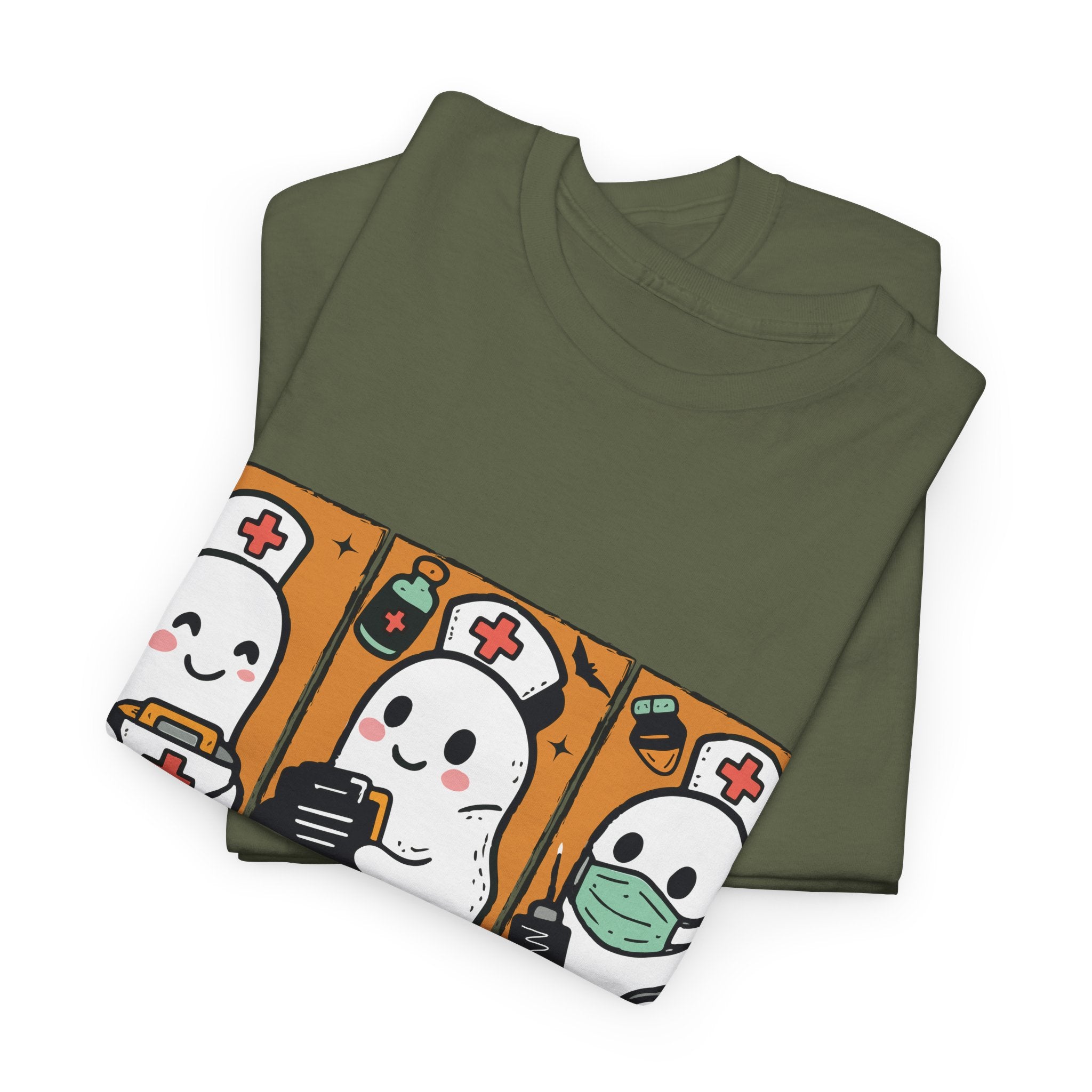 Halloween Nurse T-Shirt — Ghost Nurses Holding Medical Tools on Orange Unisec Cotton Tee