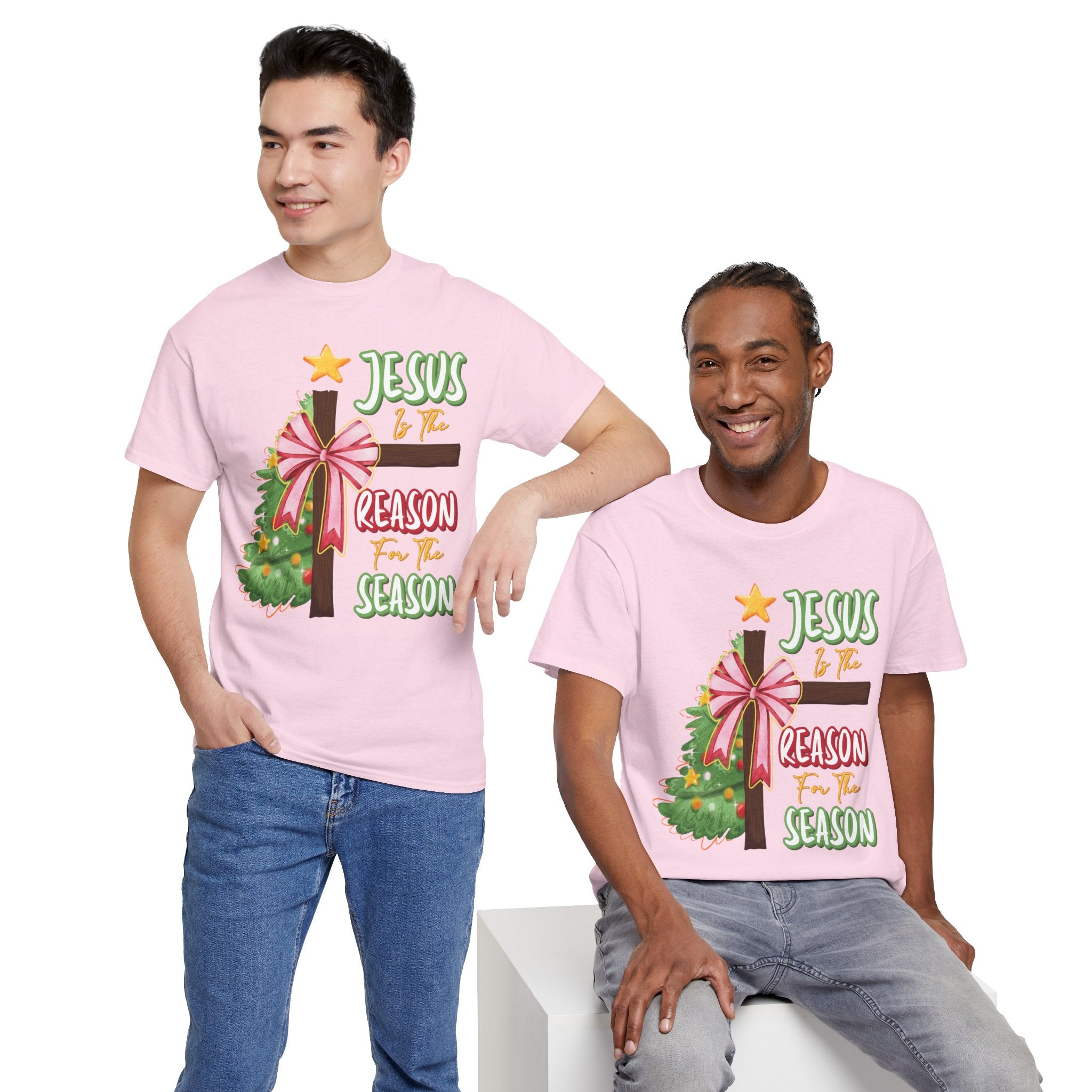Jesus Is the Reason for the Season Christmas Tee — Cross with Pink Bow & Tree. Unisex Cotton Tee