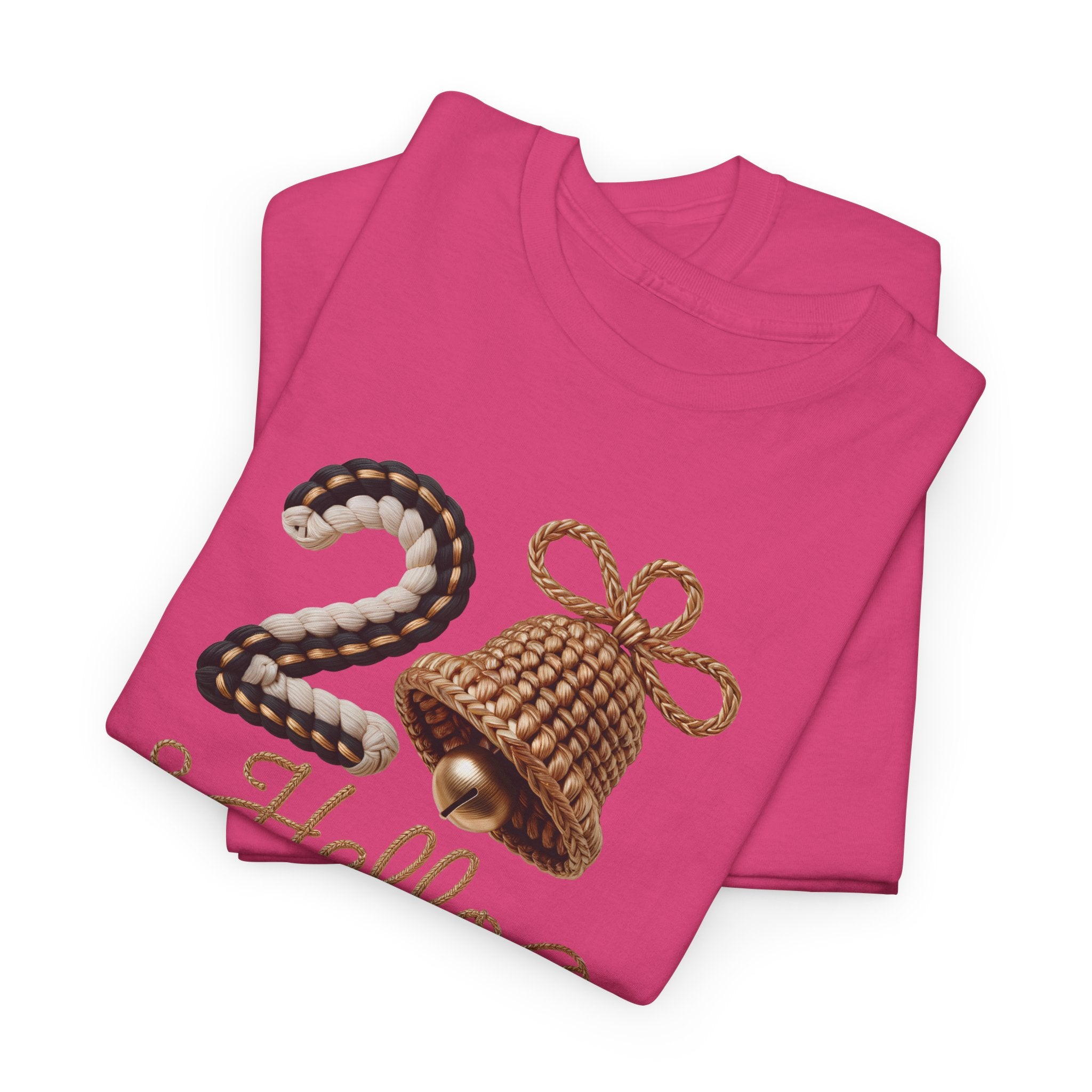 Hello 2026 Tee — Cozy Faux Yarn Braided Numbers with Woven Golden Bell..Unisex Cotton Tee