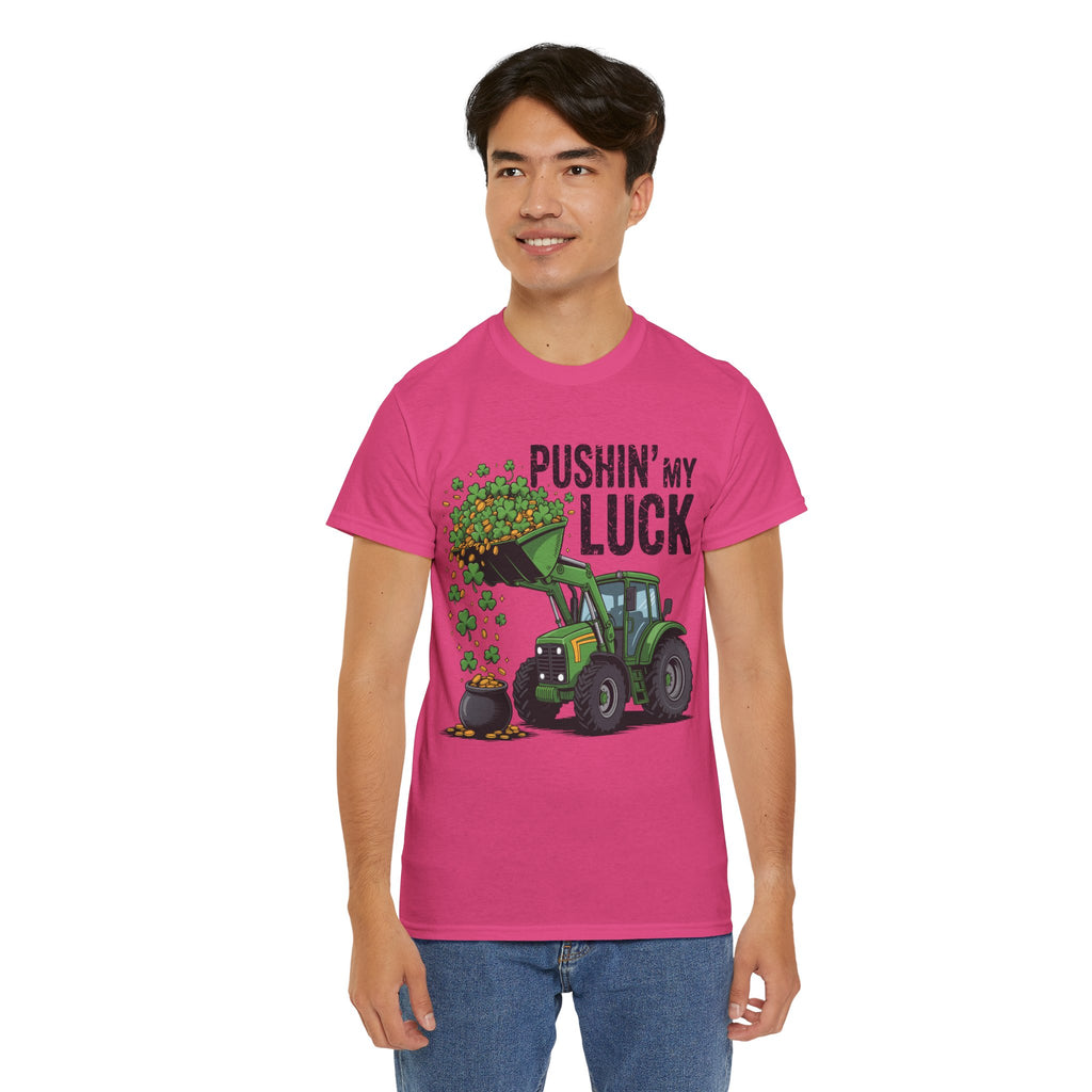 Pushin' My Luck Shamrock Tractor Tee — St. Patrick's Day Unisex Cotton T-Shirt