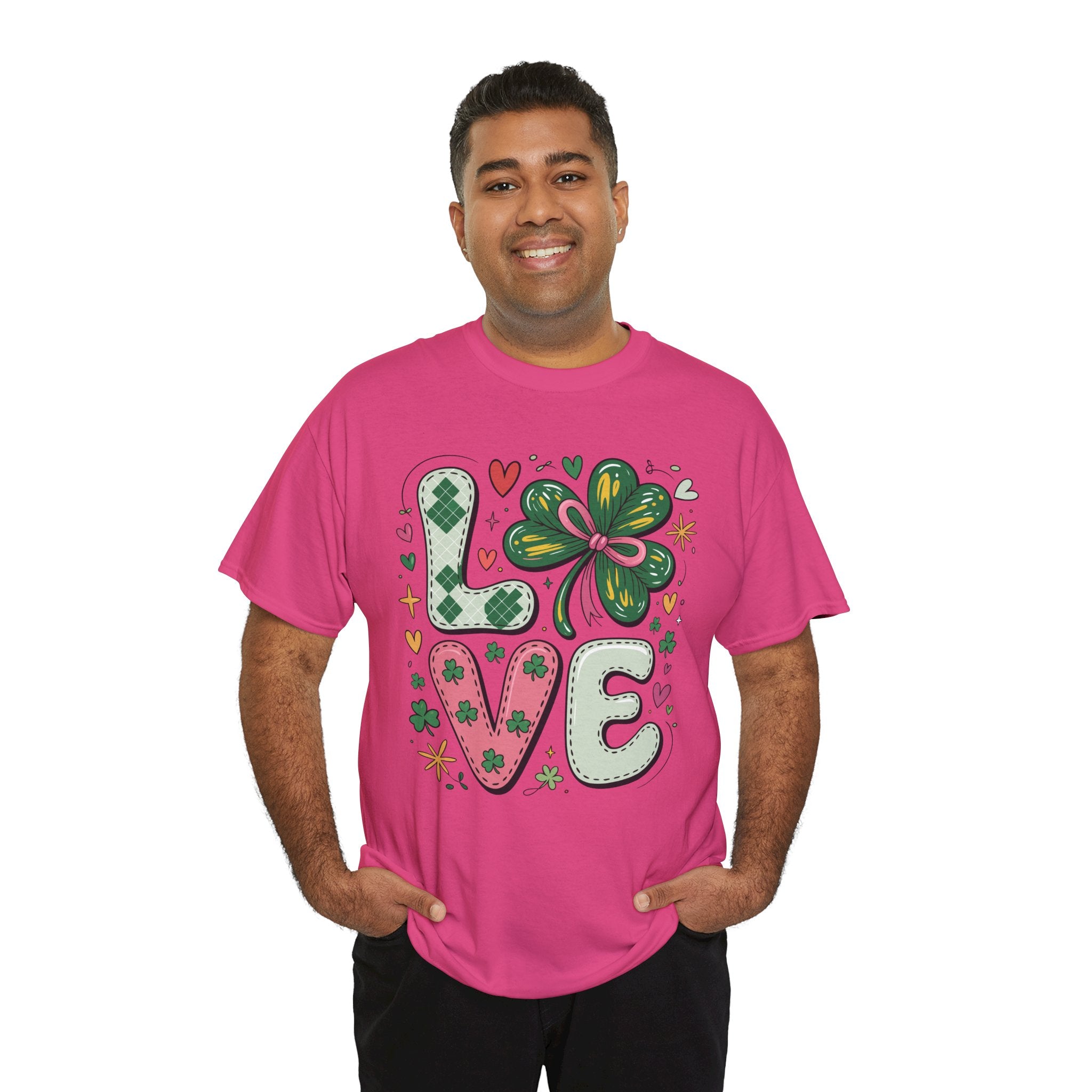 Stitched Clover 'LOVE' Tee — Heart & Patchwork St. Patrick's Unisex Cotton T-Shirt