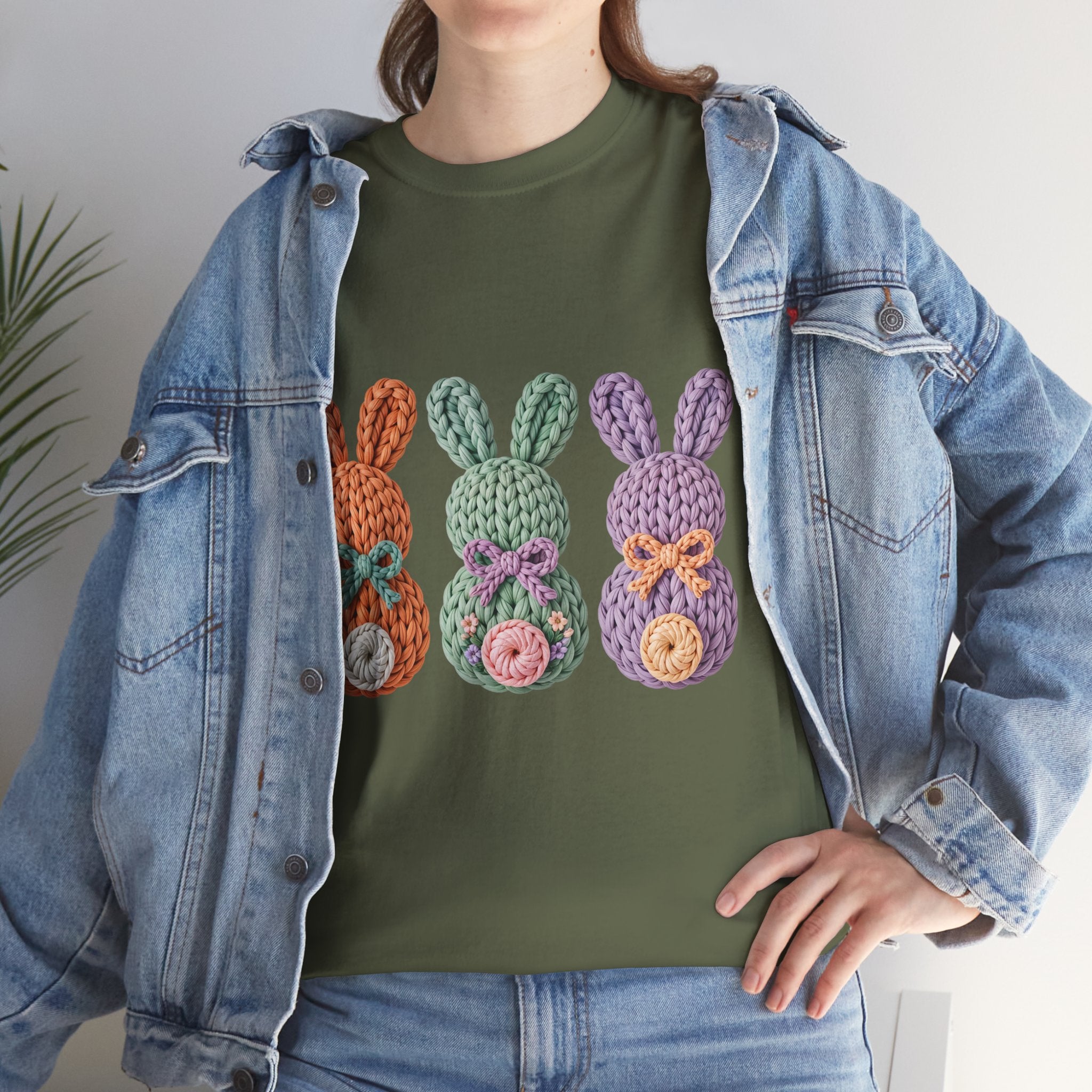 Pastel Crochet Bunny Tee — Trio of Faux Knit Bunnies with Bows & Flowers Unisex Cotton Tee
