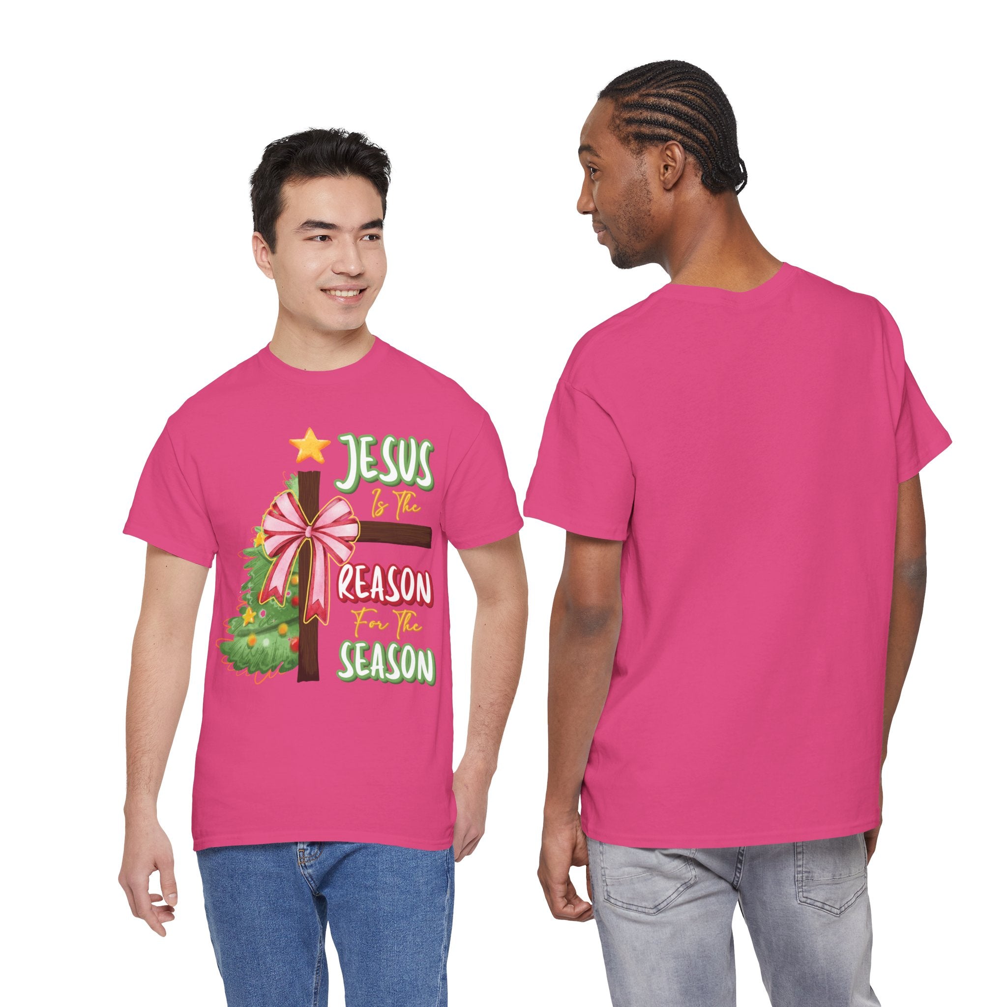 Jesus Is the Reason for the Season Christmas Tee — Cross with Pink Bow & Tree. Unisex Cotton Tee