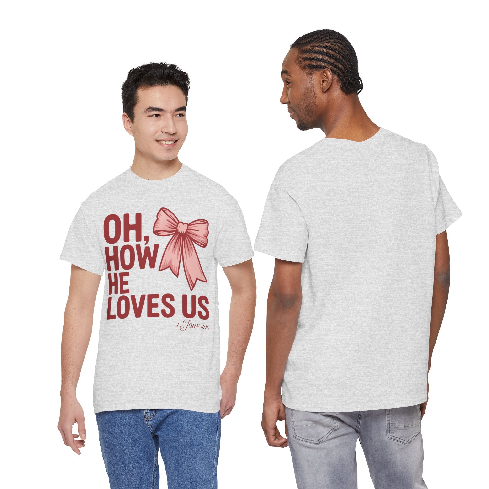Oh, How He Loves Us Christian Valentine Tee — 1 John 4:10 Red & Pink Unisex Cotton Tee