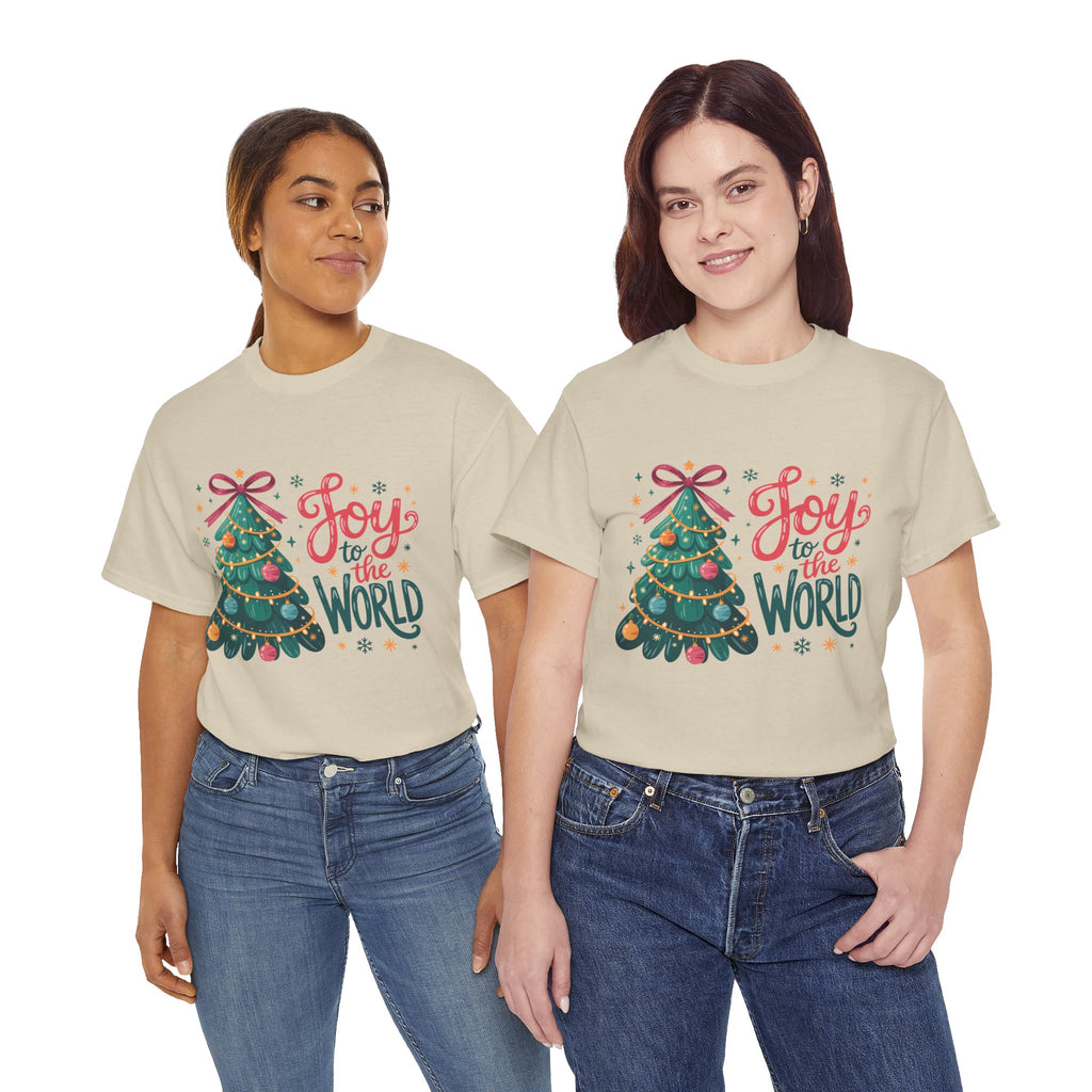 Joy to the World Christmas Tee — Festive Tree with Pink Bow..Unisex Cotton Tee