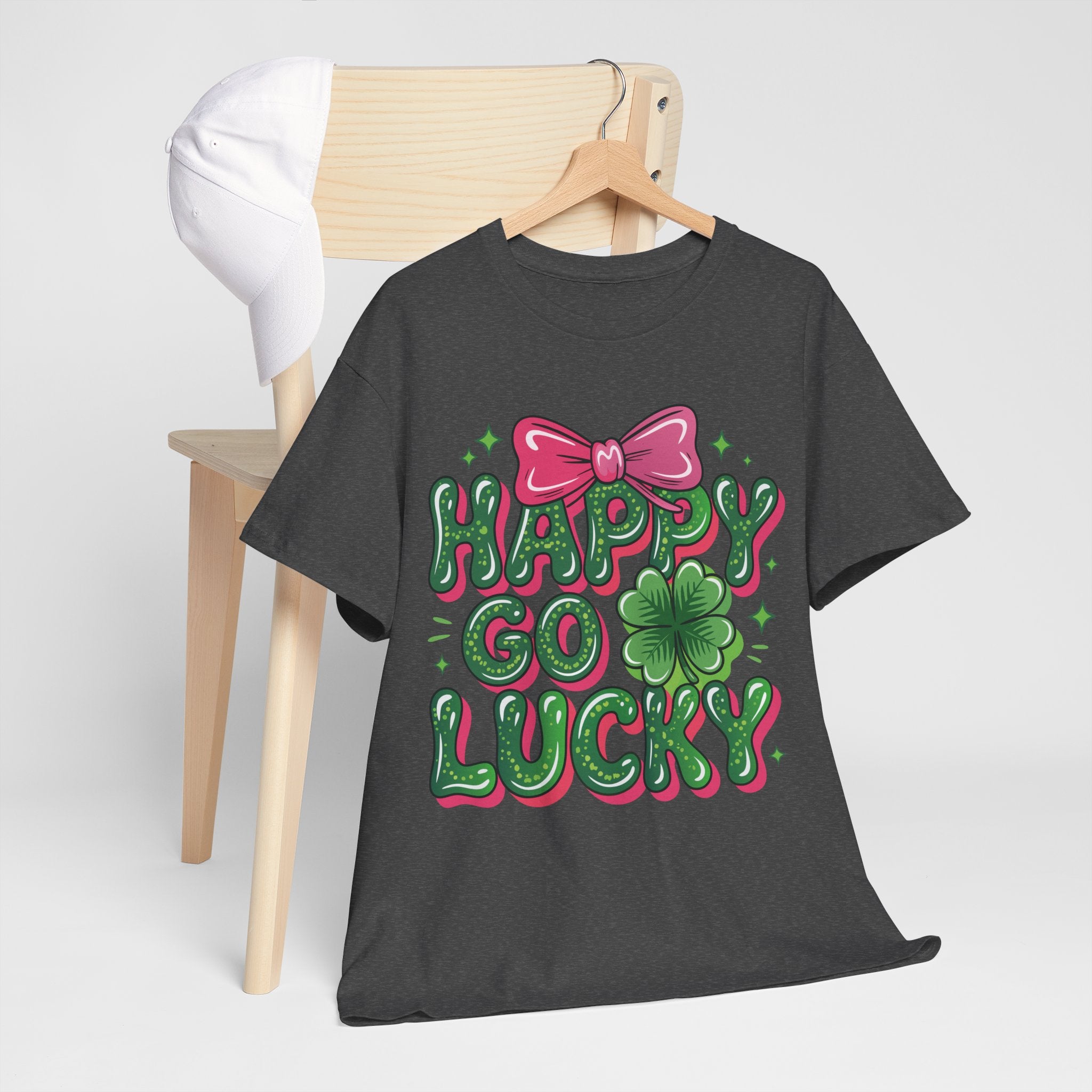 Happy Go Lucky Four-Leaf Clover Tee — Glossy Green Letters & Pink Bow Unisex Cotton Tee