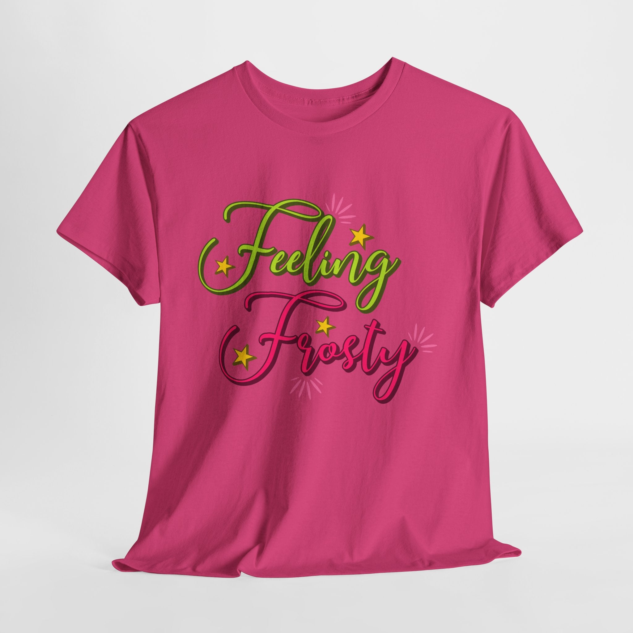 Feeling Frosty Holiday T-Shirt — Green & Pink Script Stars.Unisex Cotton Tee