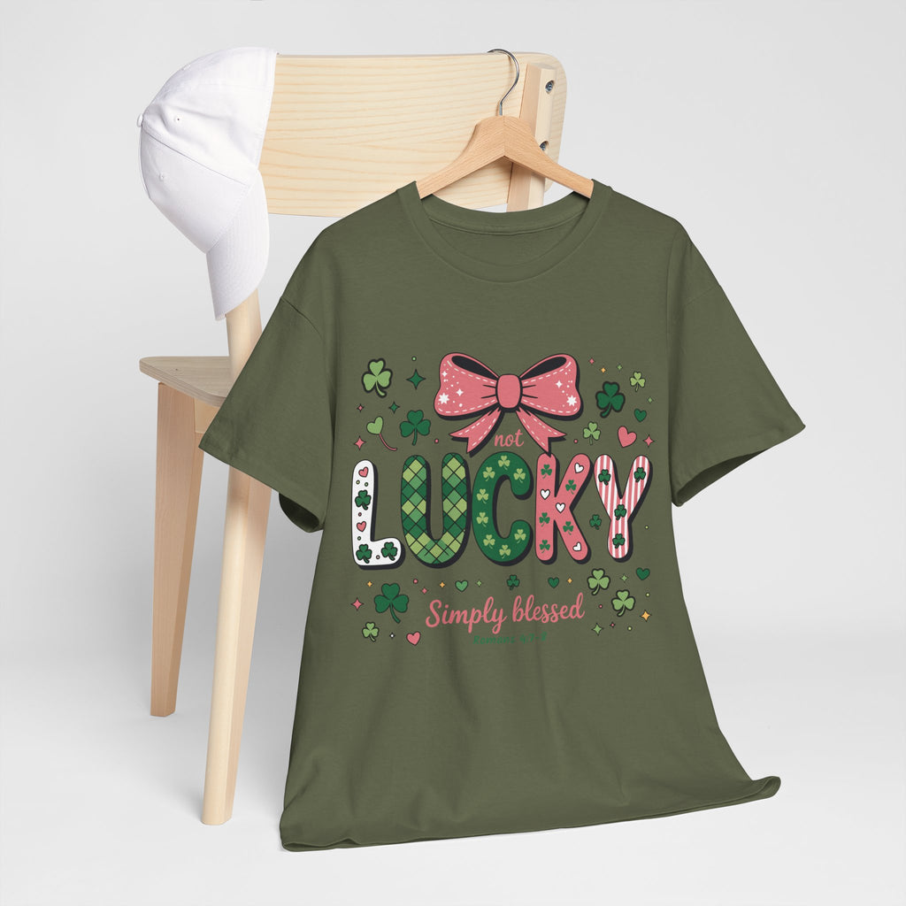 Simply Blessed Tee — “Not Lucky, Simply Blessed” with Pastel Bow, Clovers & Romans 4:7-8 Unisex Cotton Tee