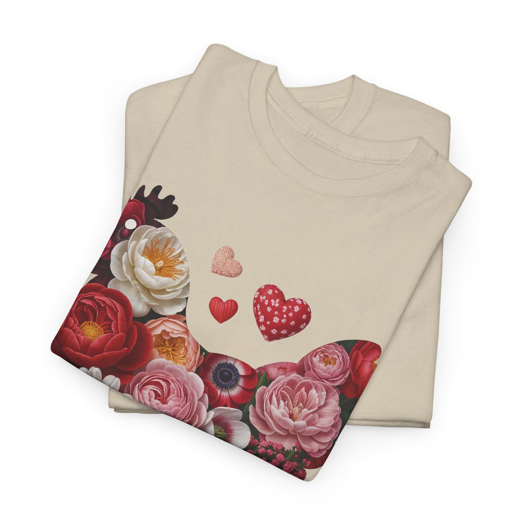 Floral Chicken Heart Tee — Red & Pink Flower Silhouette Unisex Cotton Tee