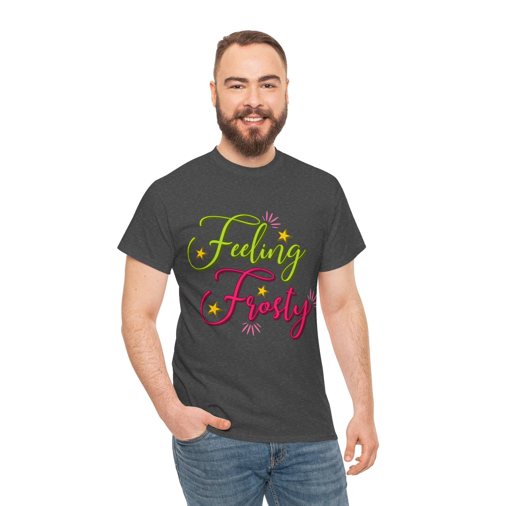 Feeling Frosty Holiday T-Shirt — Green & Pink Script Stars.Unisex Cotton Tee