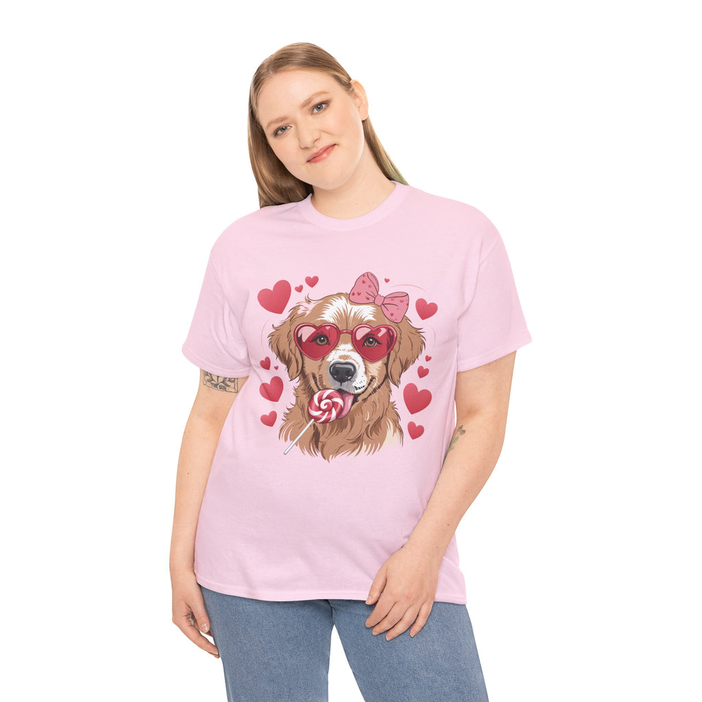 Valentine Dog T-Shirt — Cute Pup with Heart Glasses, Pink Bow & Lollipop..Unisex Cotton Tee