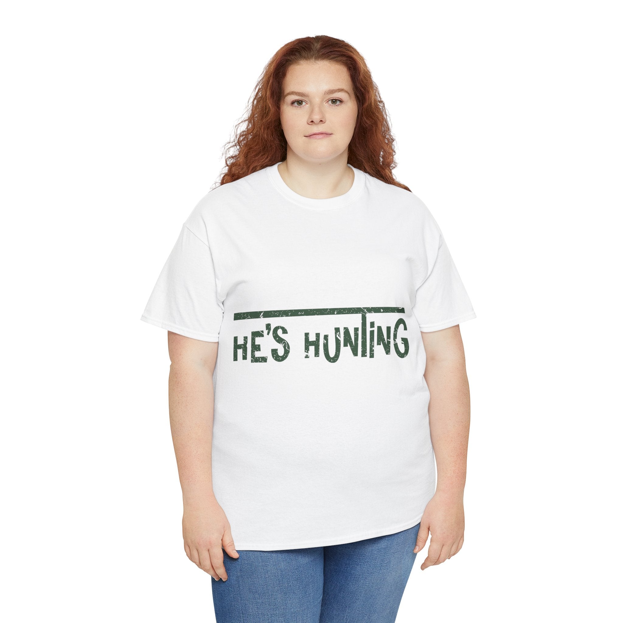 He’s Hunting Distressed Tee — Minimalist Tan Hunting Unisex Cotton Tshirt