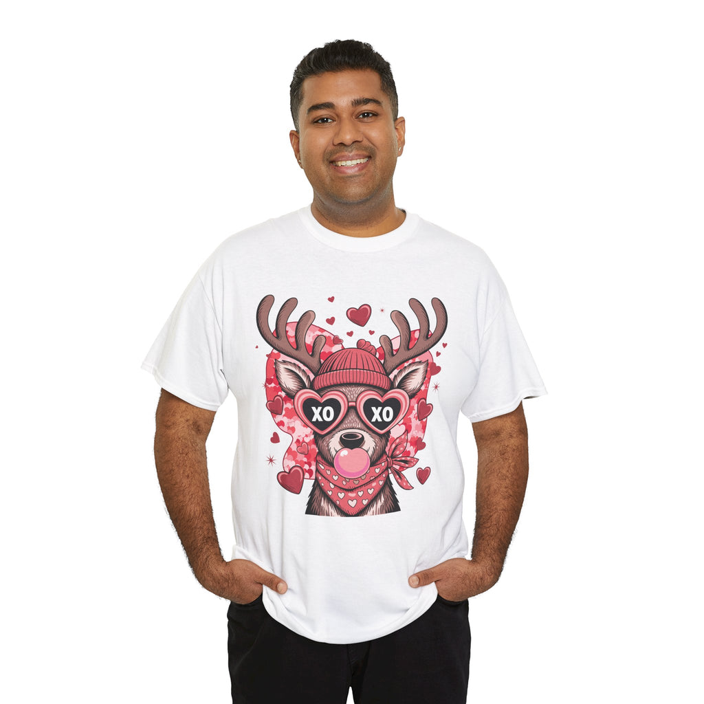 Valentine Deer Tee — Cute XO Heart Glasses, Beanie & Scarf Unisex Cotton Tshirt