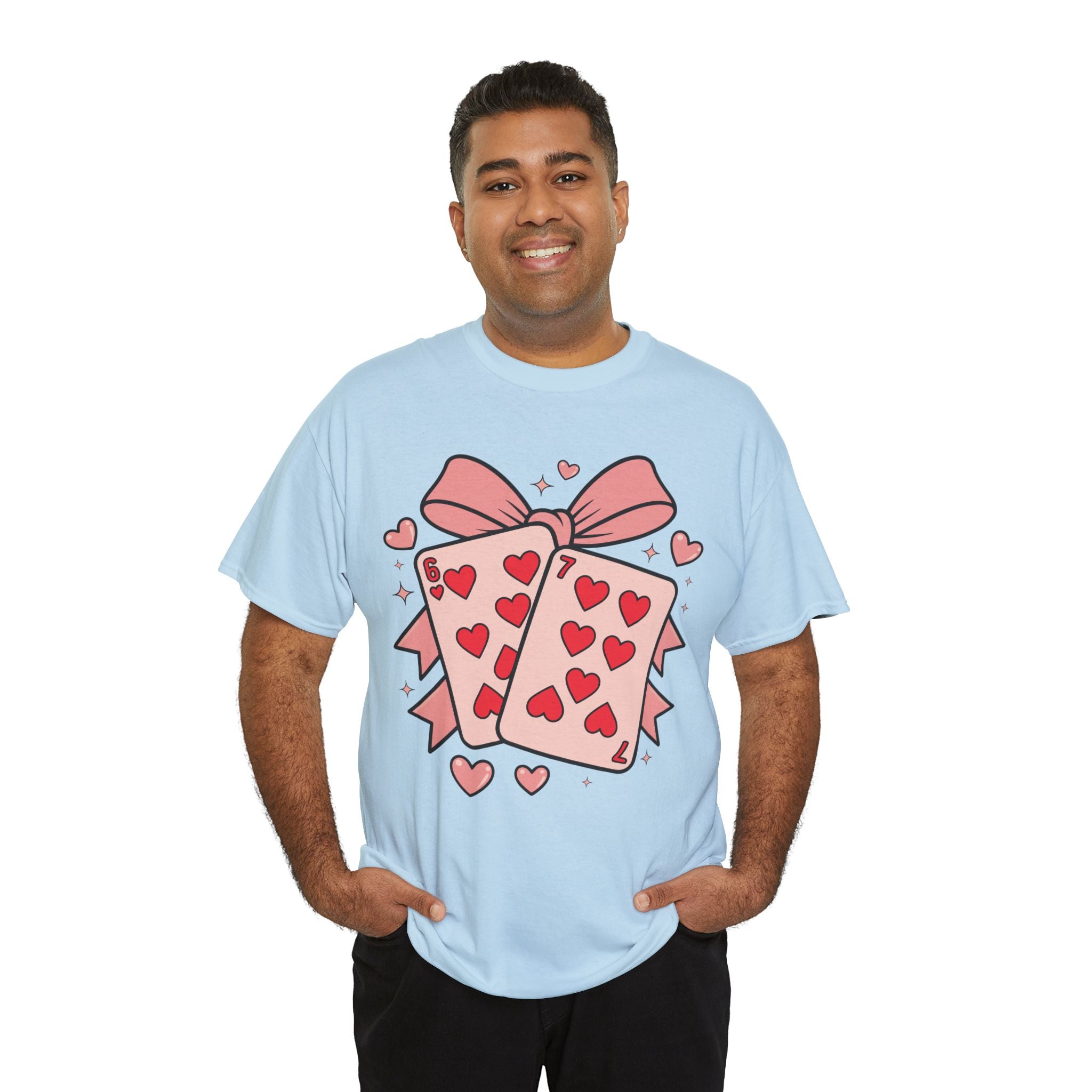 6 & 7 of Hearts T-Shirt — Paired Playing Cards with Pink Bow Unisex Cotton Tee