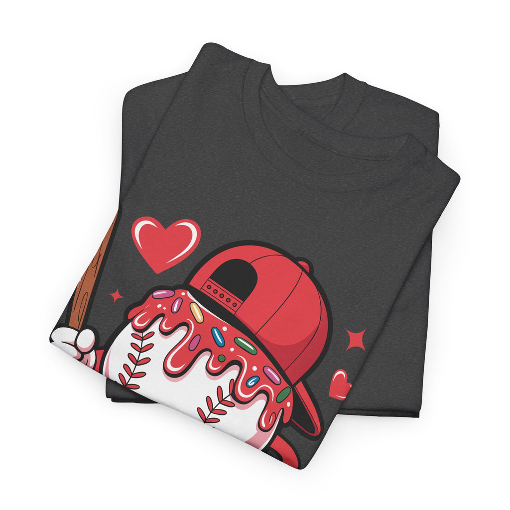 Cute Baseball Character T-Shirt — Red Cap & Icing Top Graphic with Hearts Unisex Cotton Tee