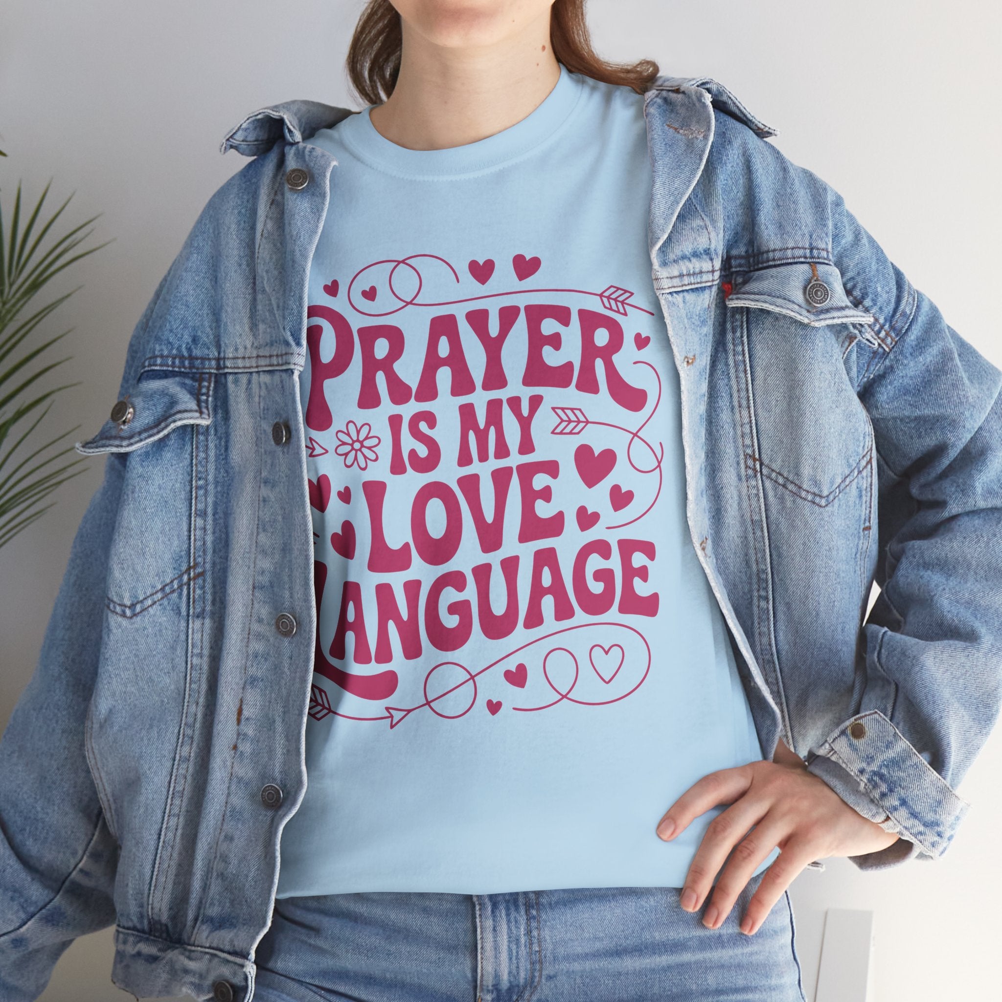 Prayer Is My Love Language Christian Tee — Pastel Pink Hearts Unisex Cotton Tee