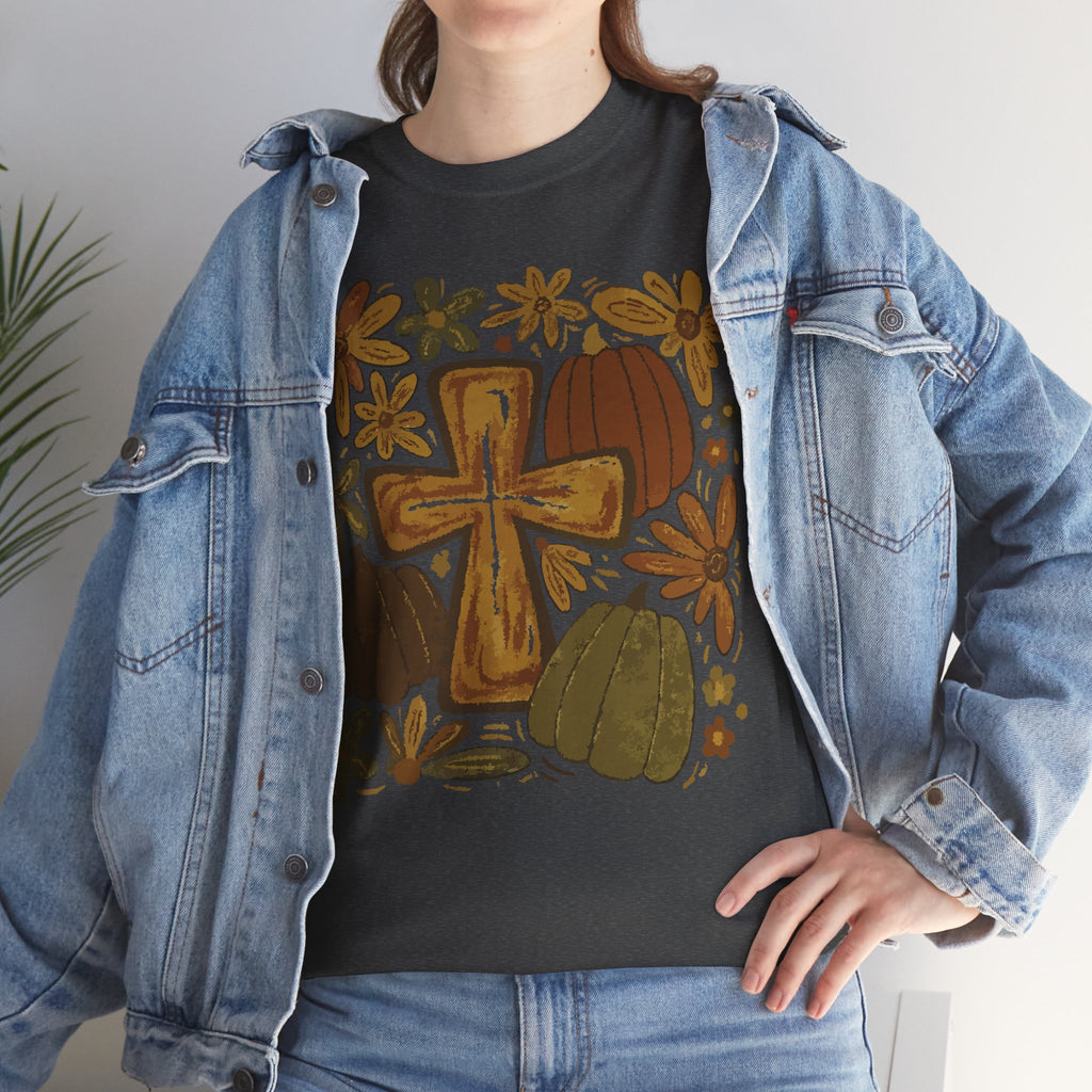 Autumn Cross Tee — Rustic Pumpkin & Fall Floral Christian Unisaex Cotton T-Shirt