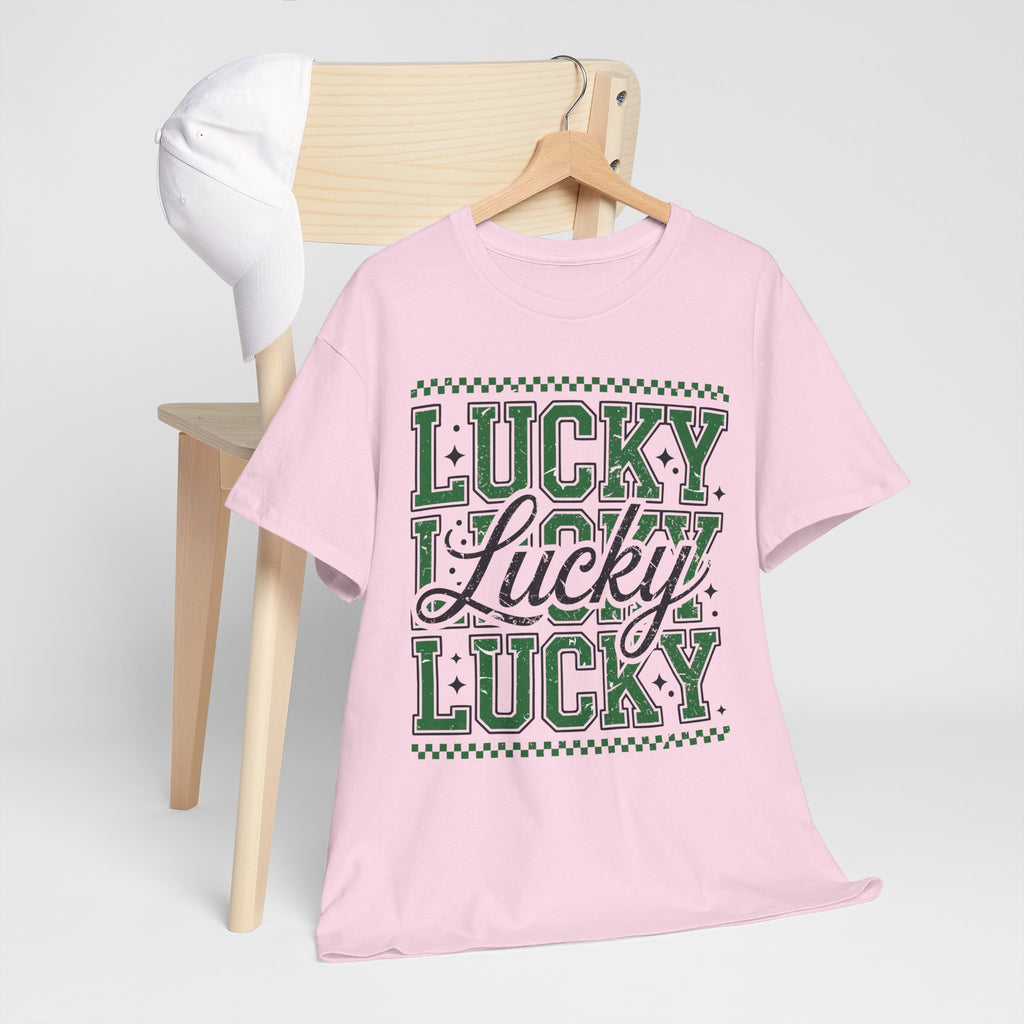 Lucky Varsity Tee — Layered Green ‘Lucky’ Graphic Unisex Cotton Tee