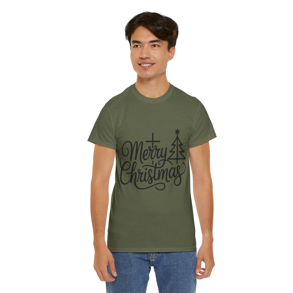 Merry Christmas Script T-Shirt with Cross & Tree(Unisex Cotton Tee)