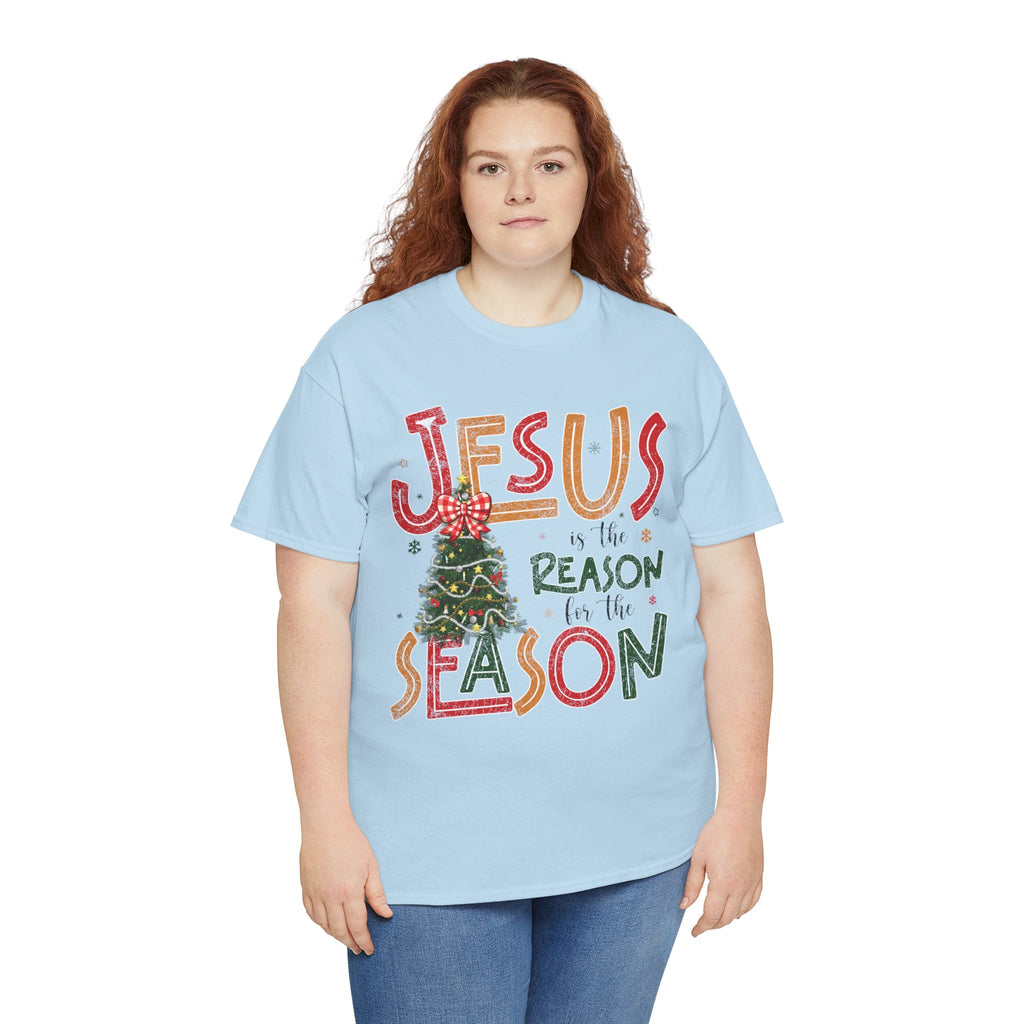 Jesus Is the Reason for the Season Christmas T-Shirt — Plaid Bow Tree..Unisex Cotton Tee