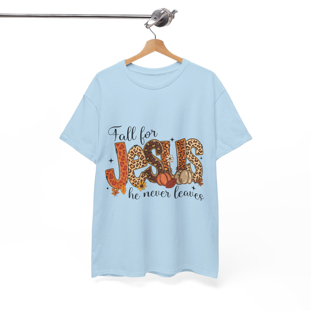 JESUS Leopard Print Fall T-Shirt — Pumpkins, Leaves & Floral Christian Unisex Cotton Tee