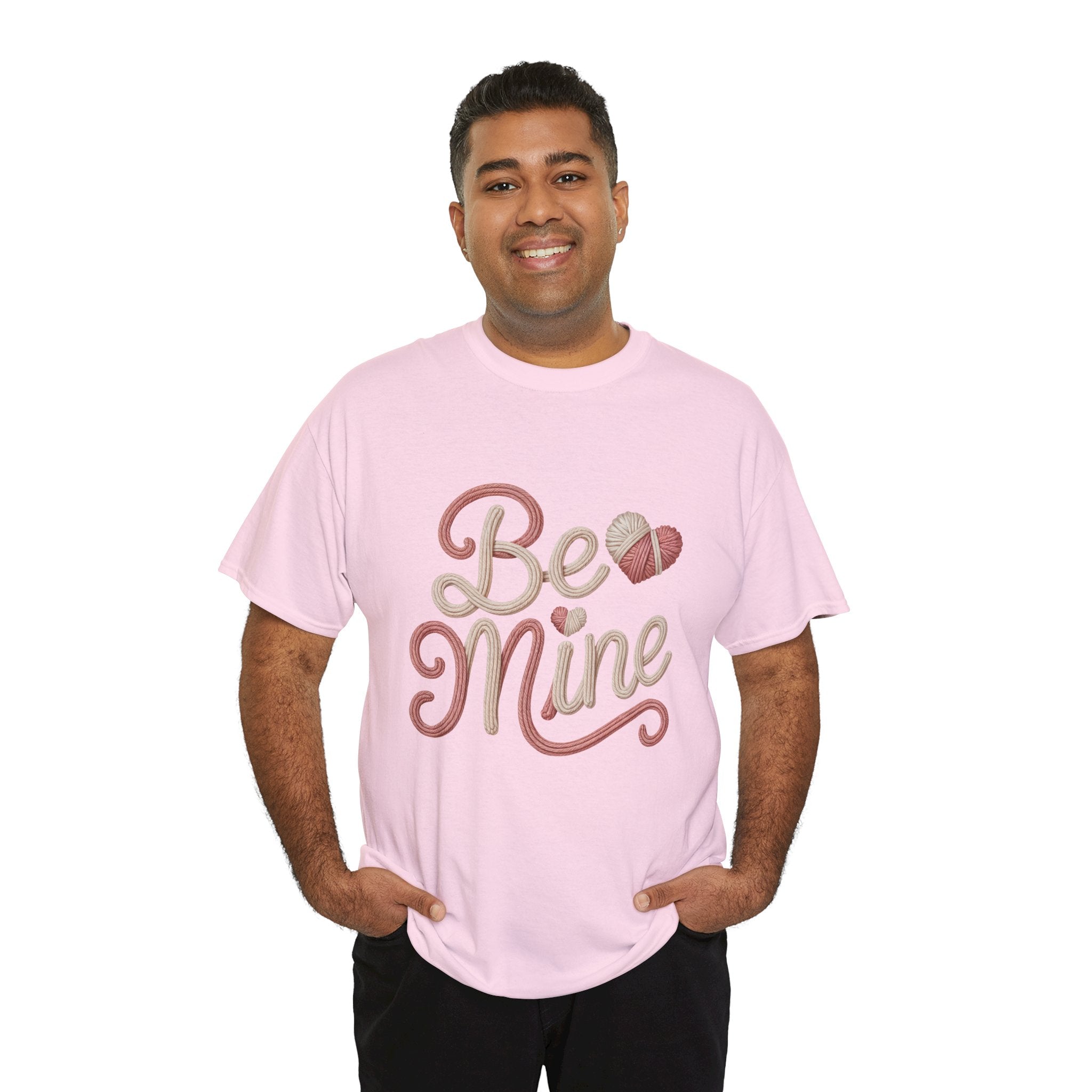 Be Mine Yarn Heart T-Shirt — Valentine’s Faux-Yarn Pink & Cream Unisex Cotton Tee