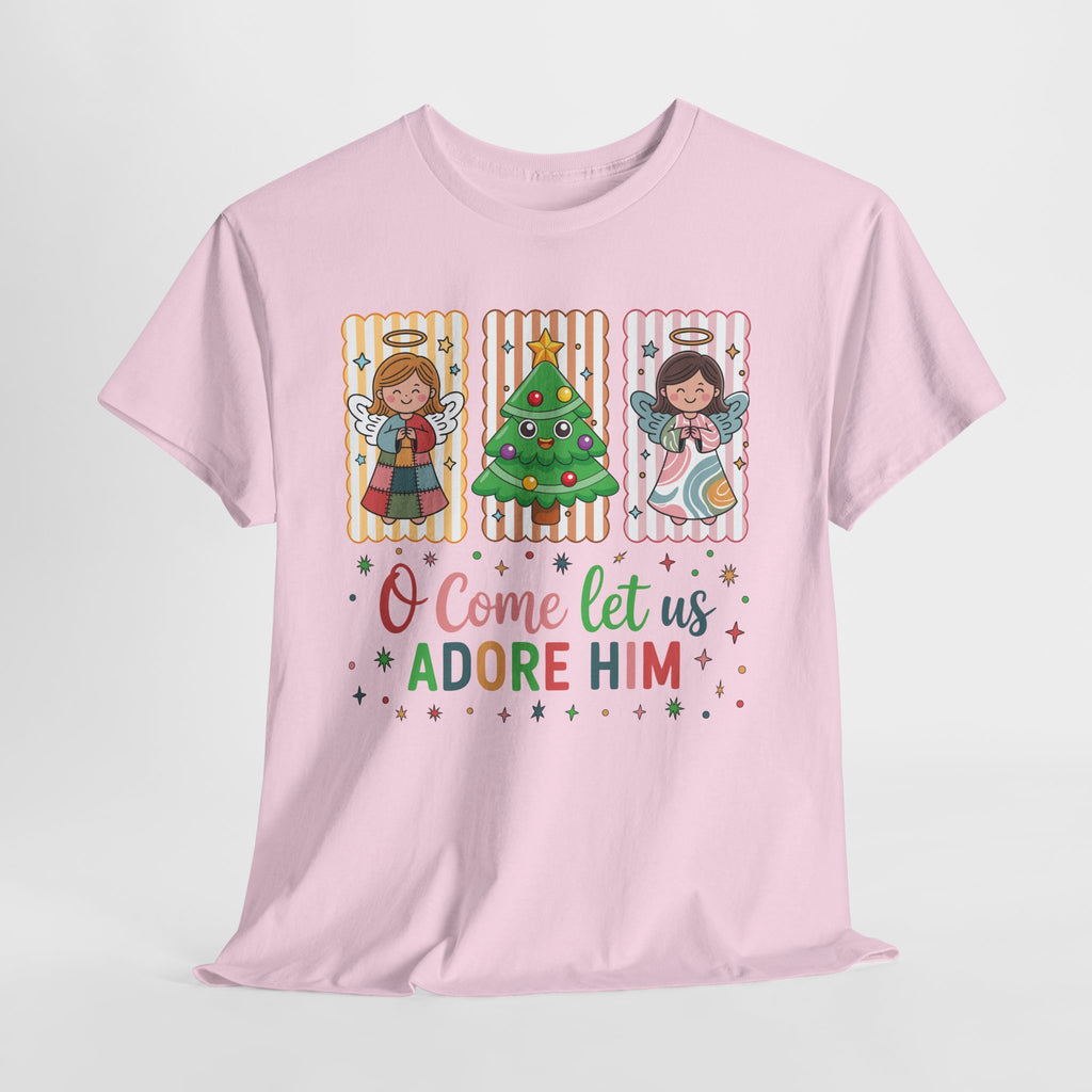 O Come Let Us Adore Him Christmas Tee — Smiling Angels & Happy Tree..Unisex Cotton Tee